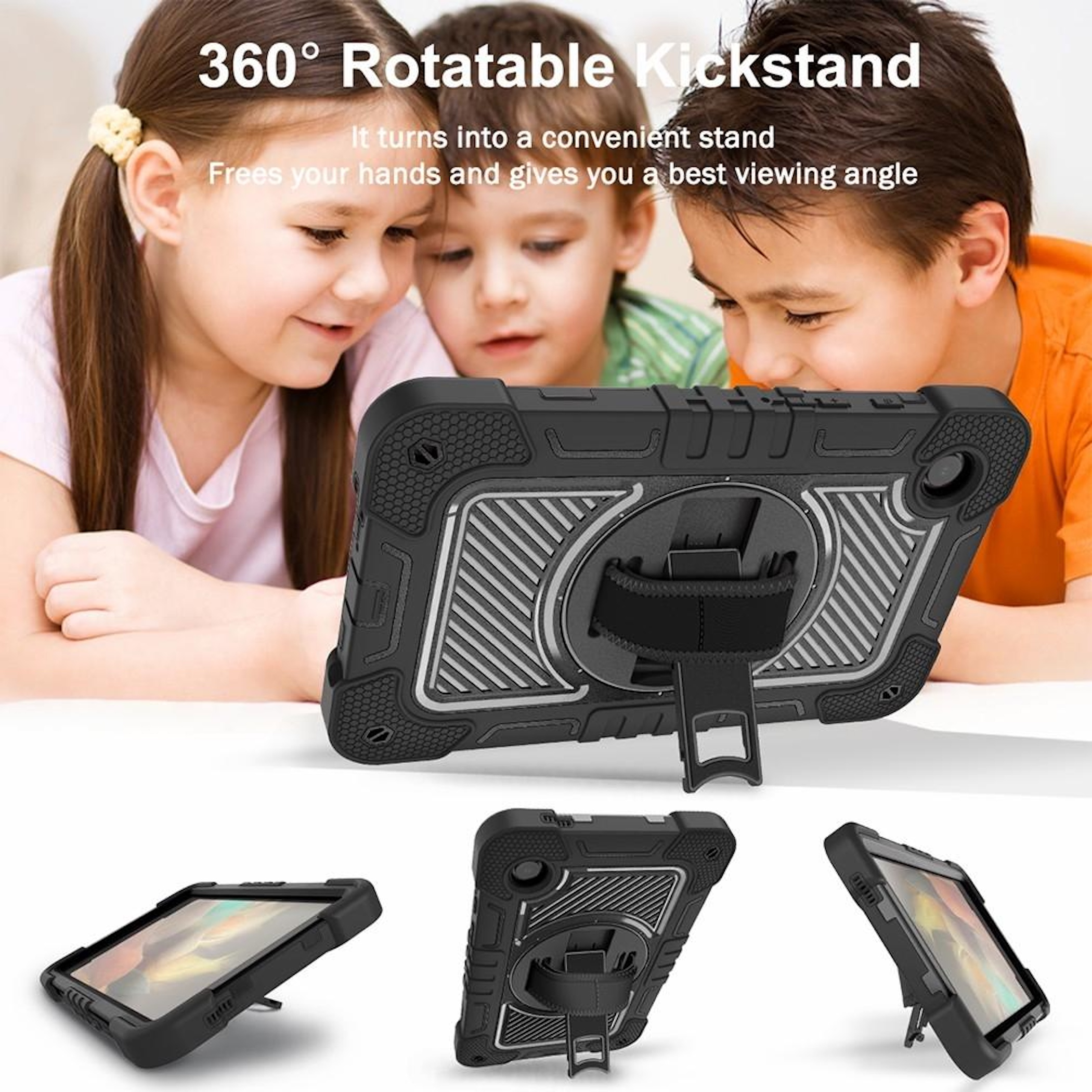 Drei Kinder blicken auf ein Tablet mit schwarzem Schutzgehäuse und Ständer.