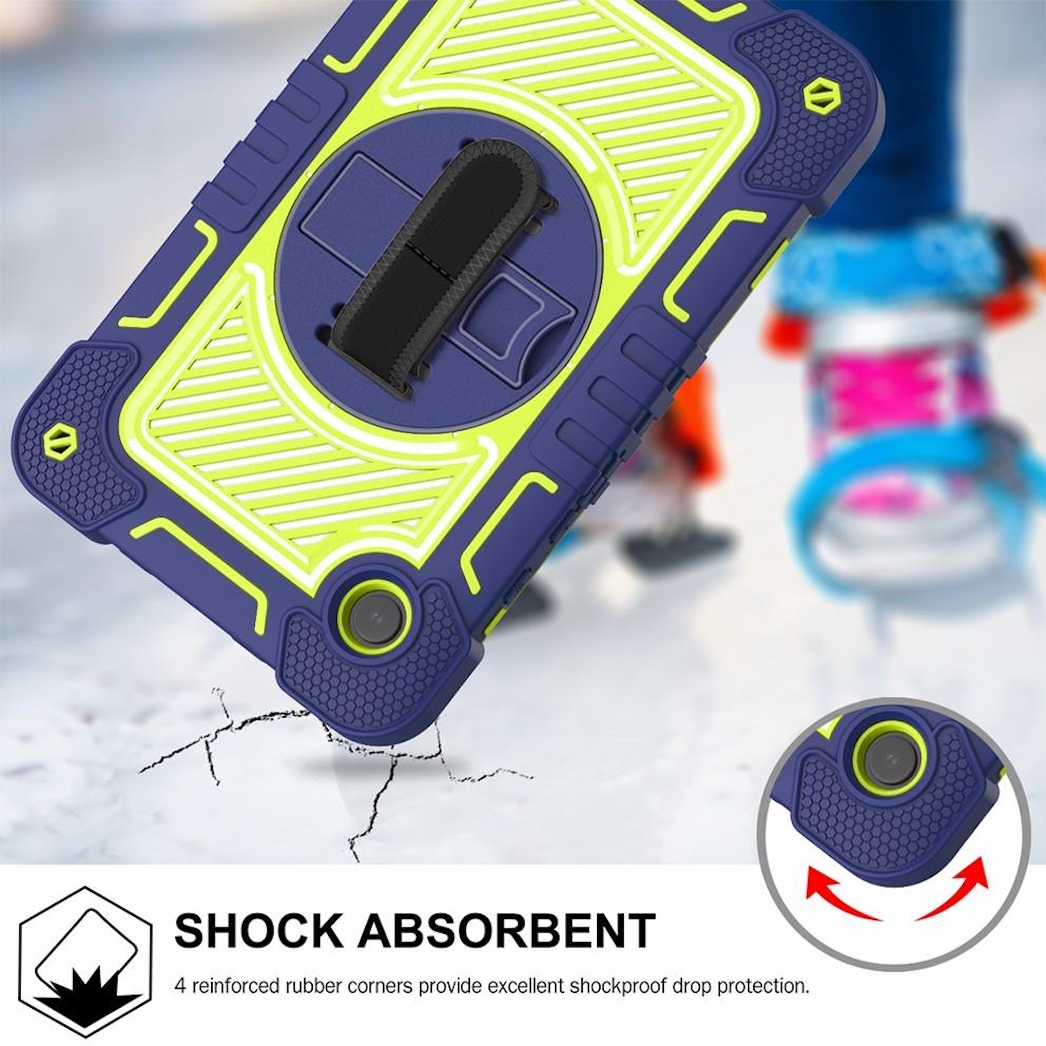 Ein blaues und neongrünes Handy-Schutzgehäuse mit Riemen.