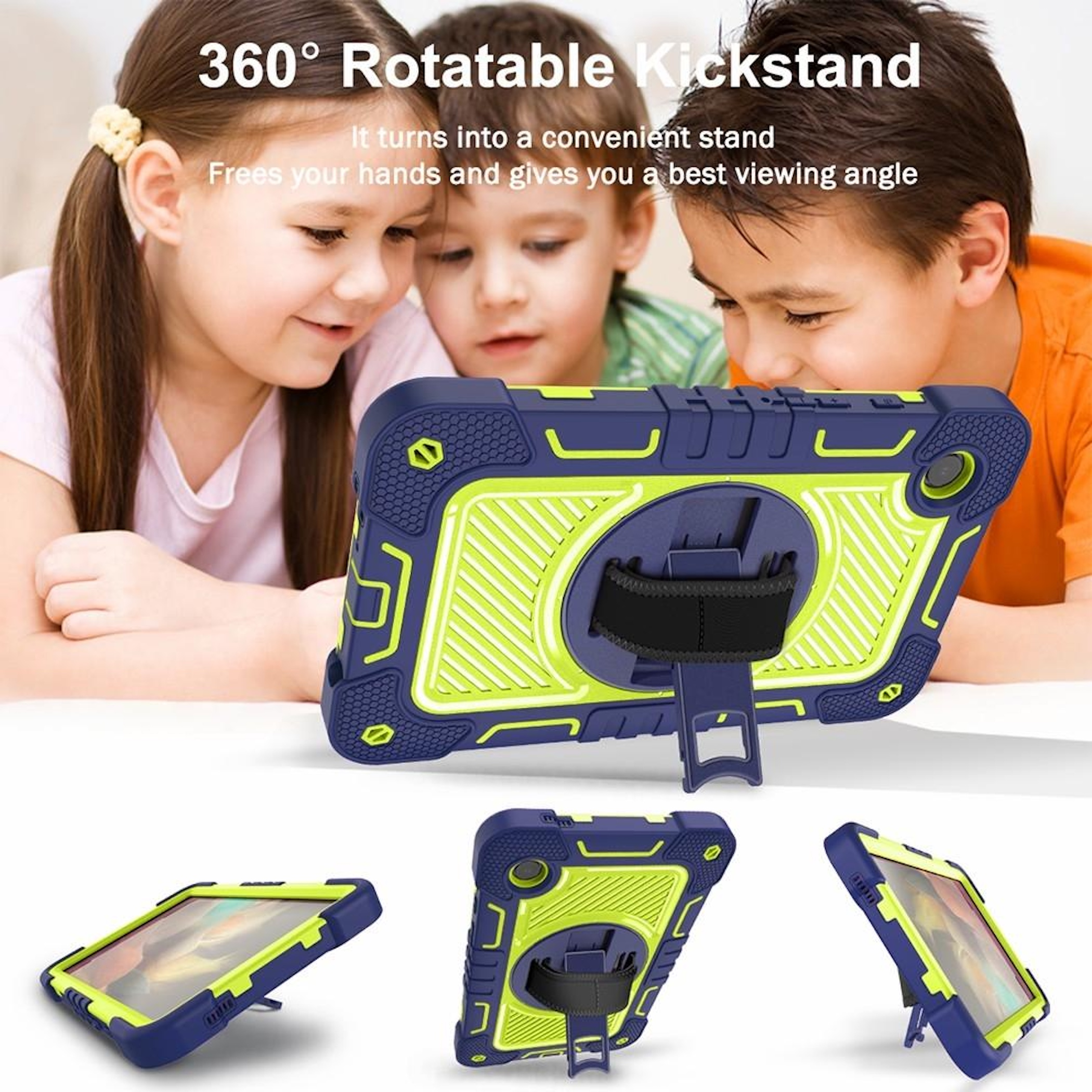 Kinder betrachten ein Tablet in einer robusten Hülle mit Ständer.
