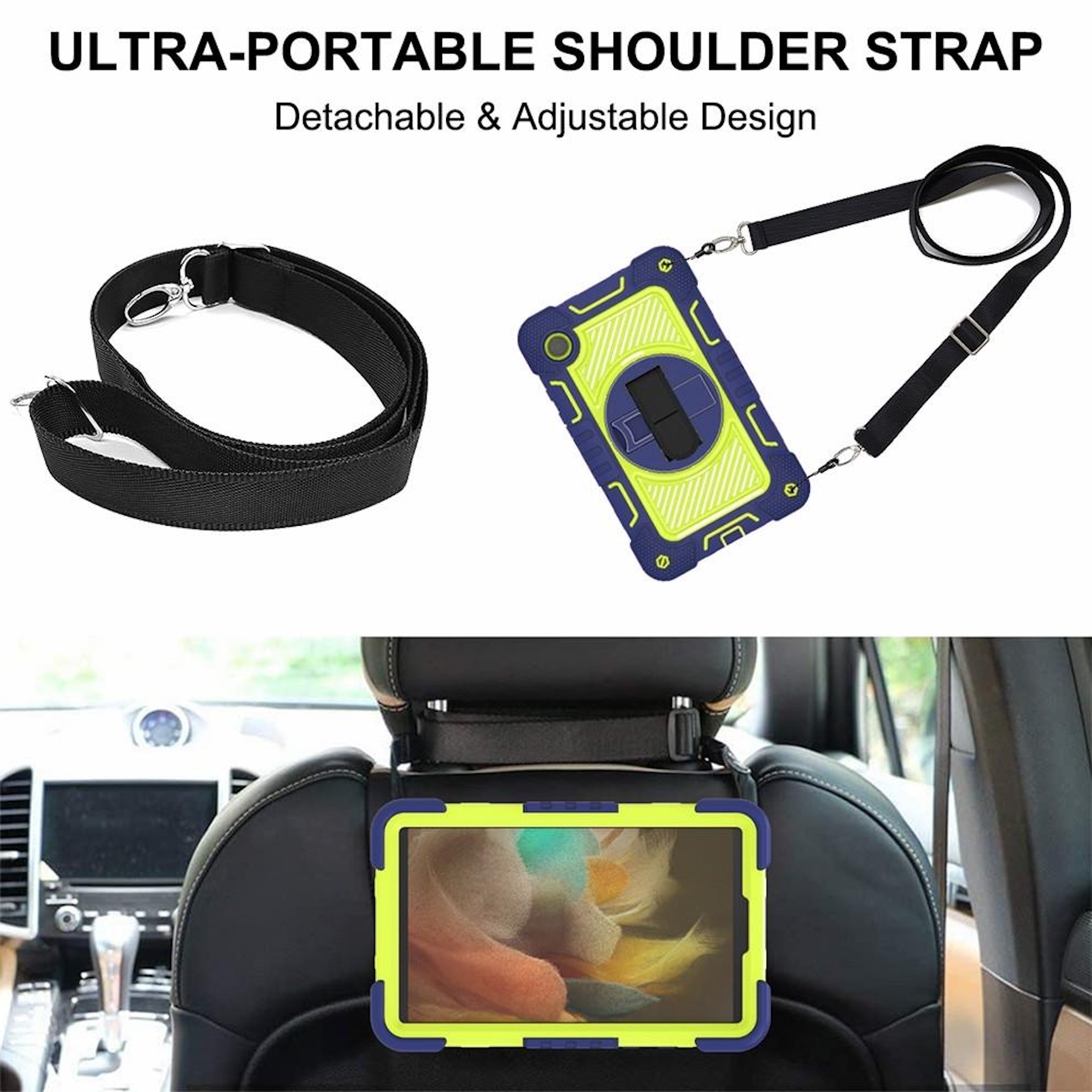 Schultergurt und eine Tablet-Hülle in Blau/Gelb, die an einer Autositzlehne befestigt ist.
