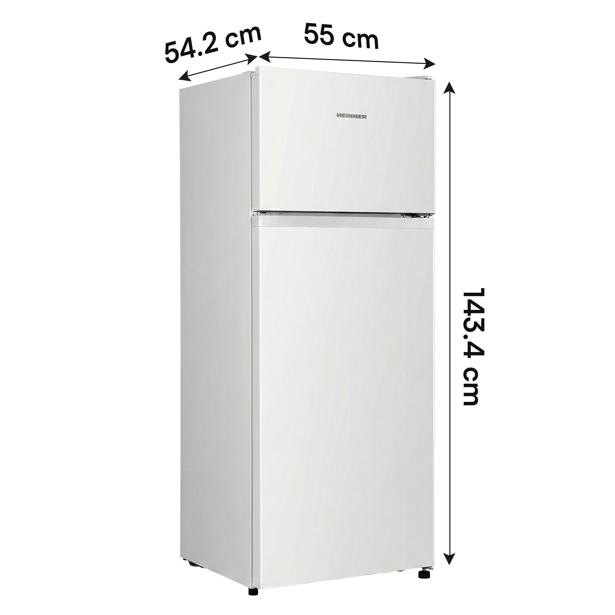 A white refrigerator with a top freezer compartment, dimensions 143.4x55x54.2 cm.