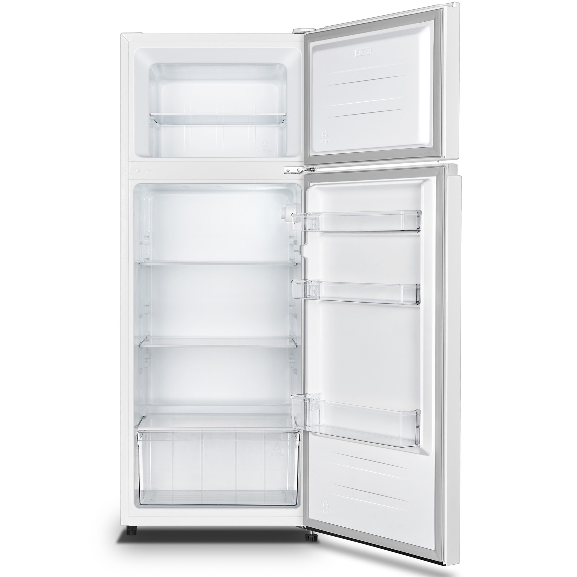 A white refrigerator with its door open, showing multiple shelves.