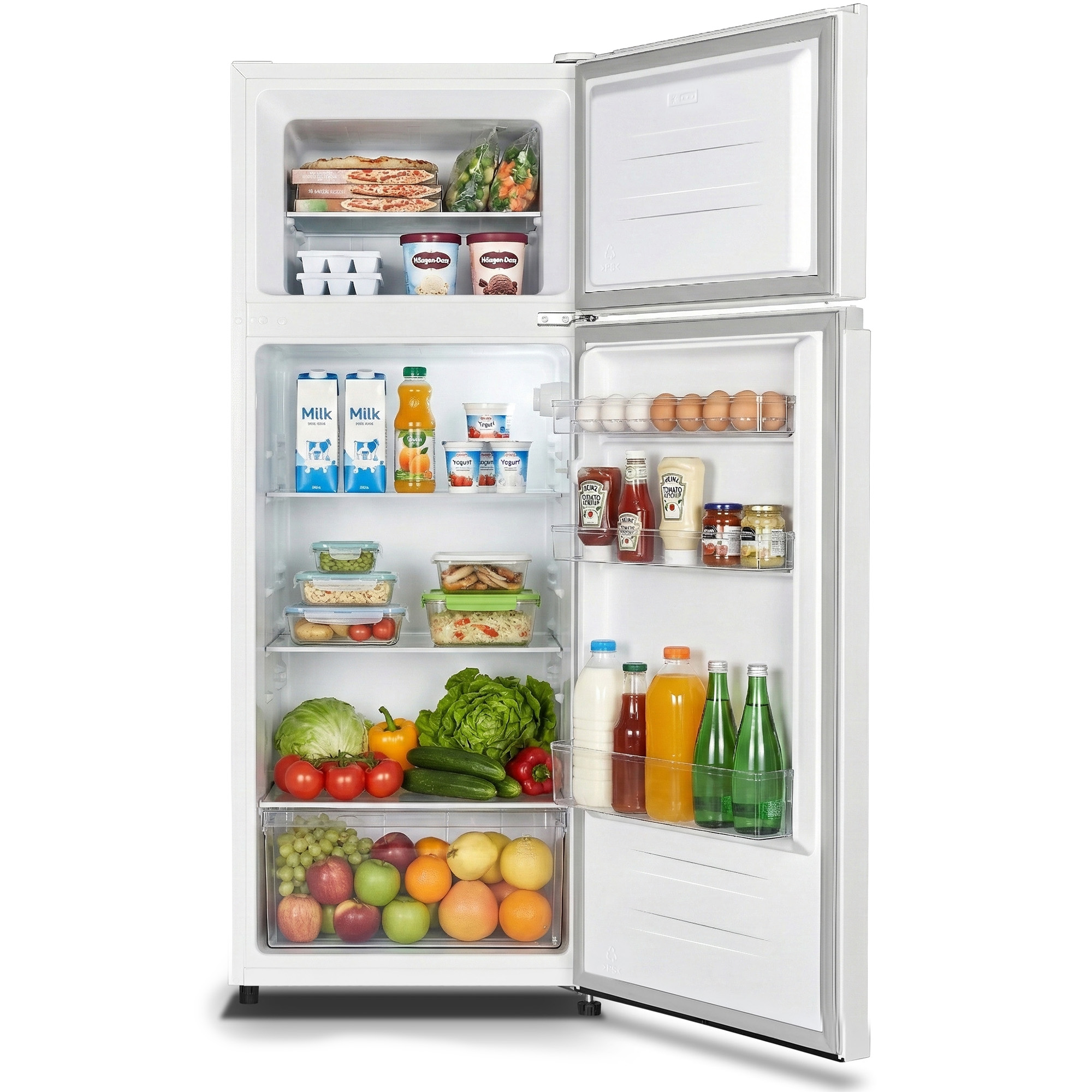 An open white refrigerator with food items on multiple shelves.