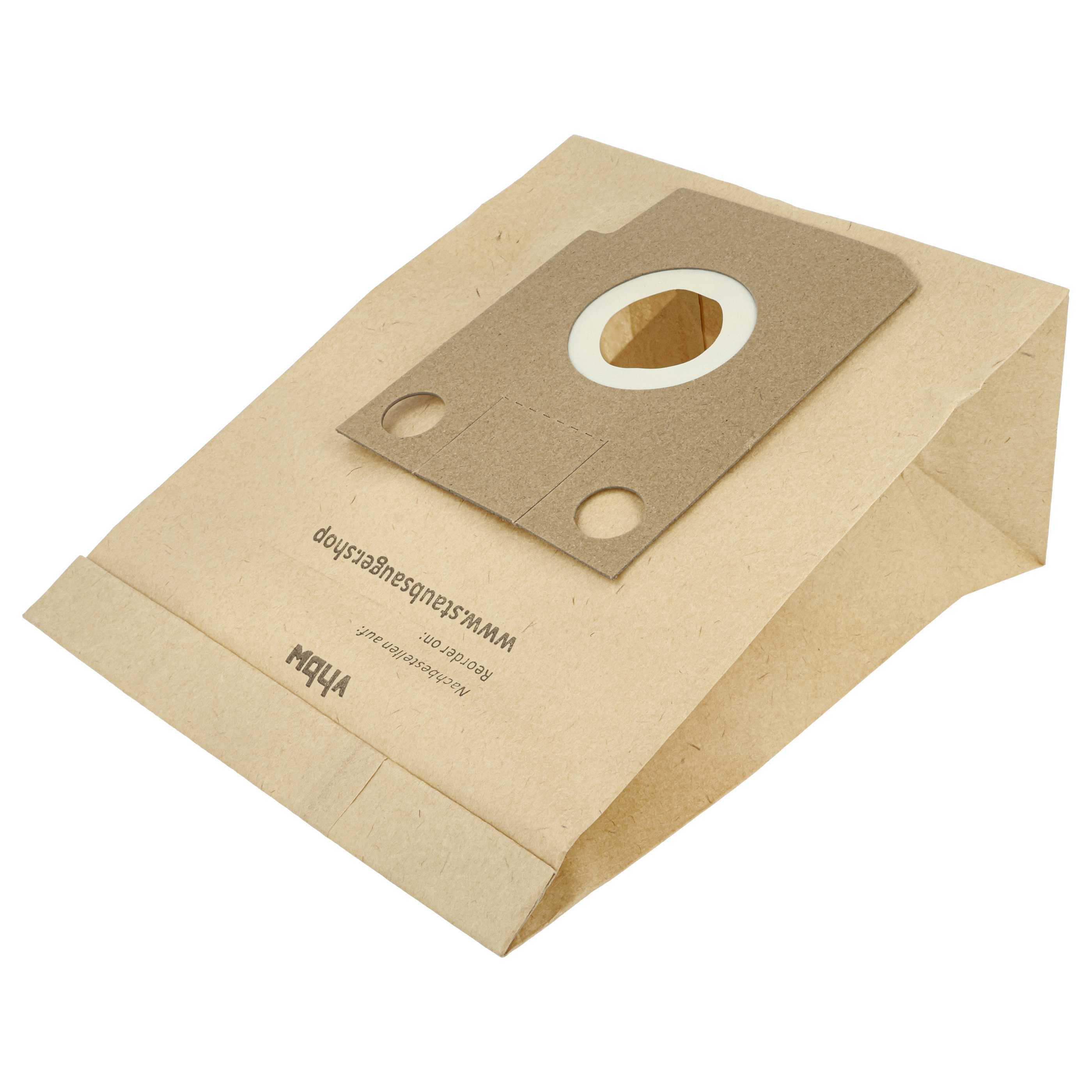 Brauner Staubsaugerbeutel aus Papier mit weißem Kragen und zwei Löchern.
