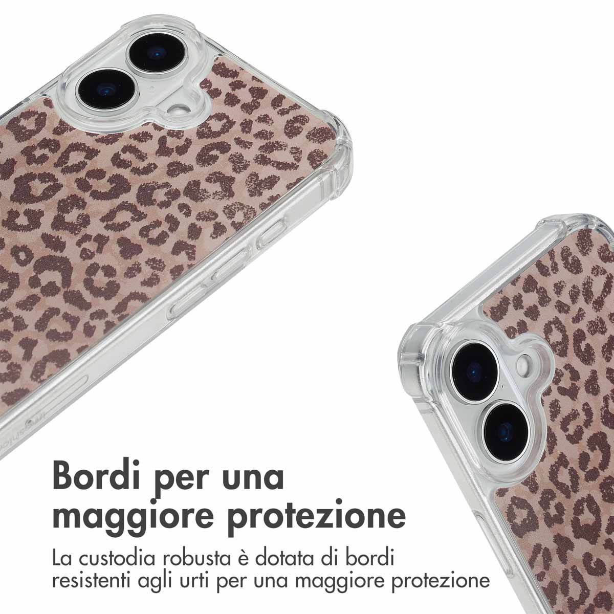 Coque de téléphone transparente avec imprimé léopard et découpe pour appareil photo.