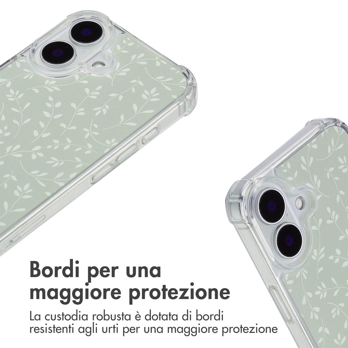 Doorzichtige telefoonhoes met bladerpatroon en versterkte randen.