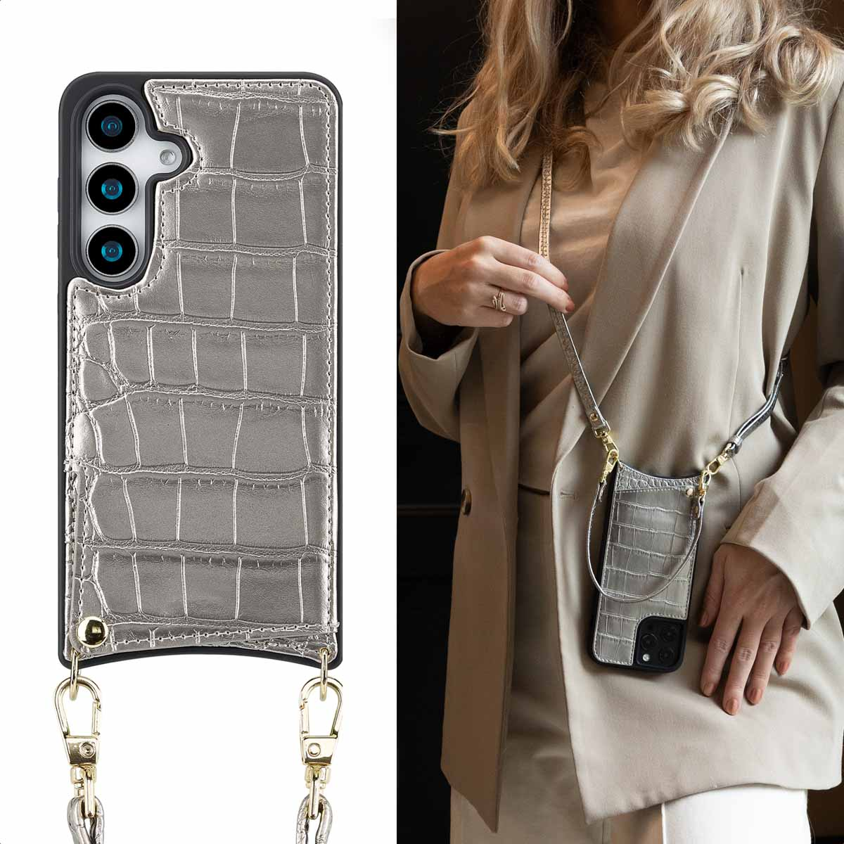 Zilveren telefoonhoes met krokodillenpatroon en bandje, gedragen door een vrouw.