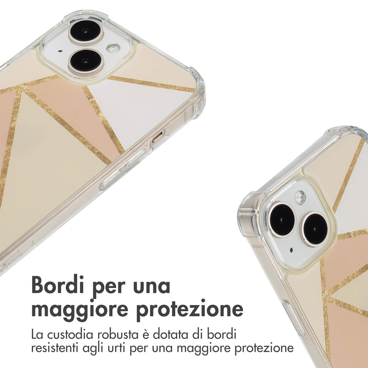 Twee doorzichtige telefoonhoesjes met geometrische patronen op witte achtergrond.