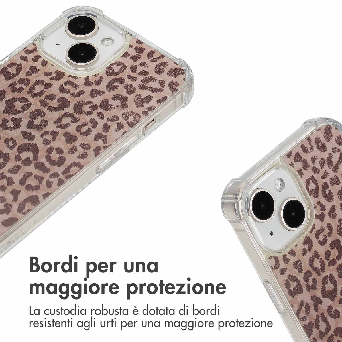 Deux coques de téléphone avec un imprimé léopard et des bords transparents.