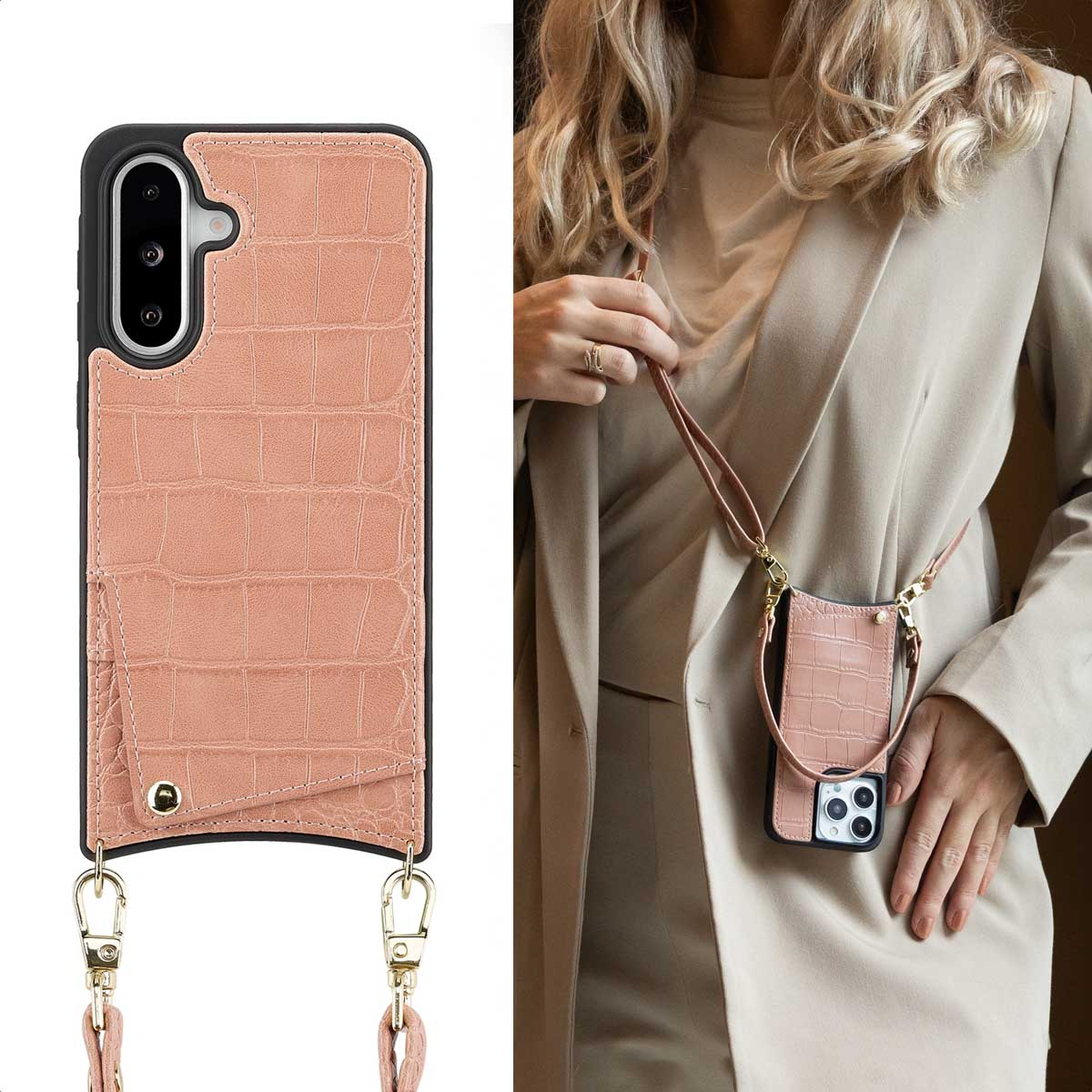 Een roze krokodillenleren telefoonhoesje met schouderband gedragen.