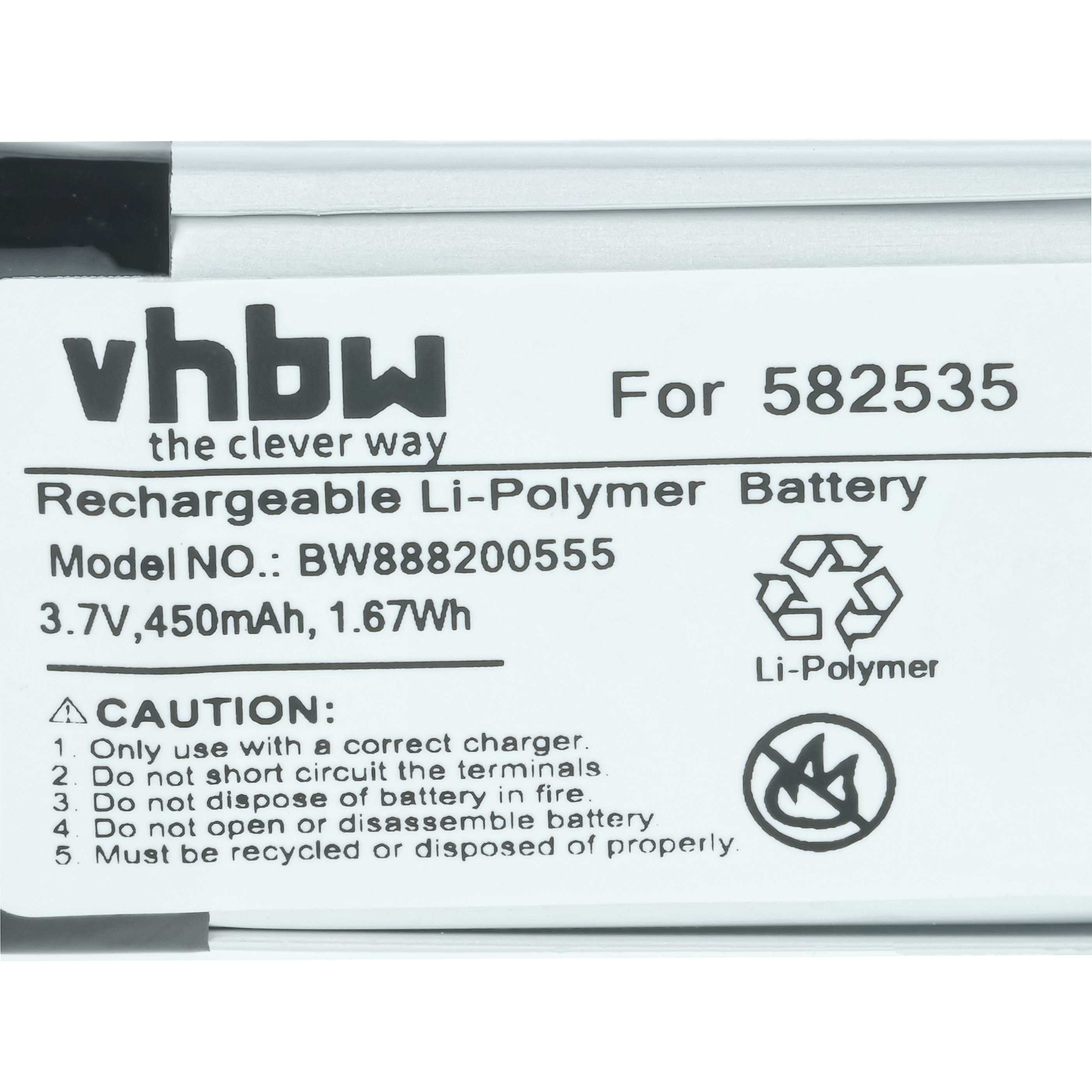 vhbw Li-Polymer Akku 3,7V 450mAh, Modell BW888200555, Warnhinweise.