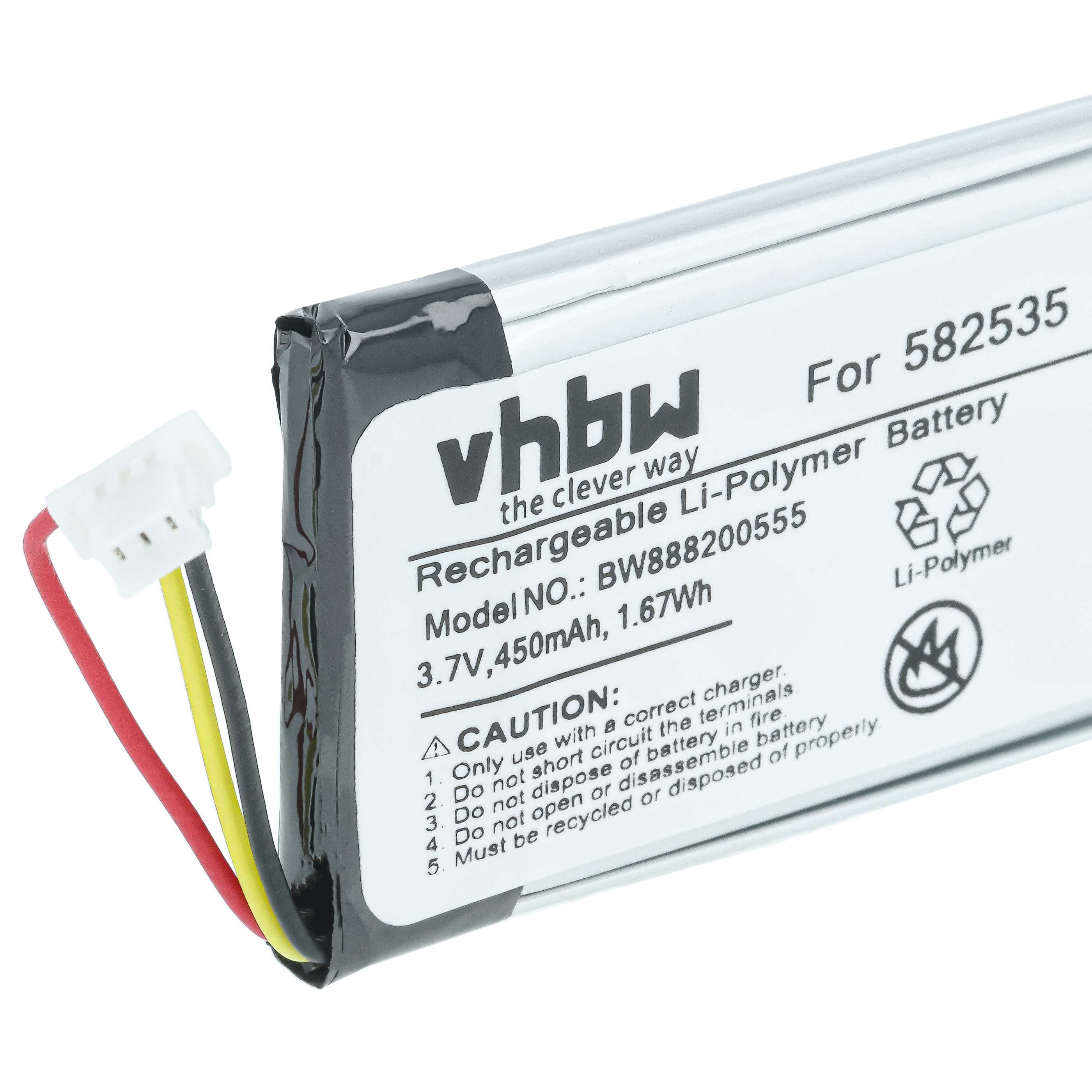 Ein vhbw Li-Polymer Akku, Modell BW888200555, 3.7V, 450mAh, mit Kabeln.