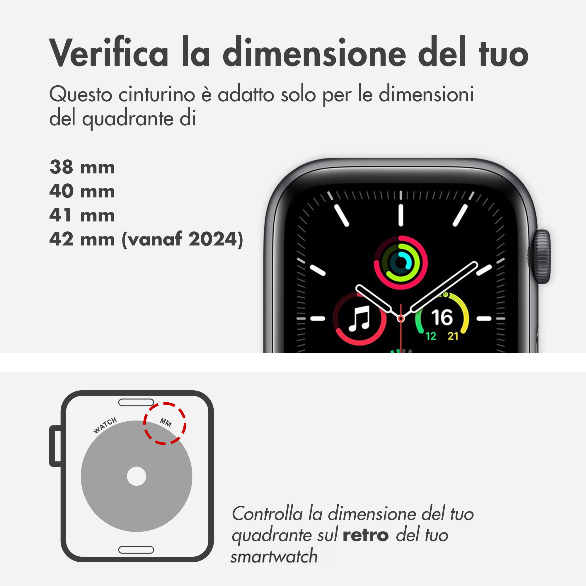 Horlogebandmaten: 38 mm, 40 mm, 41 mm, 42 mm.