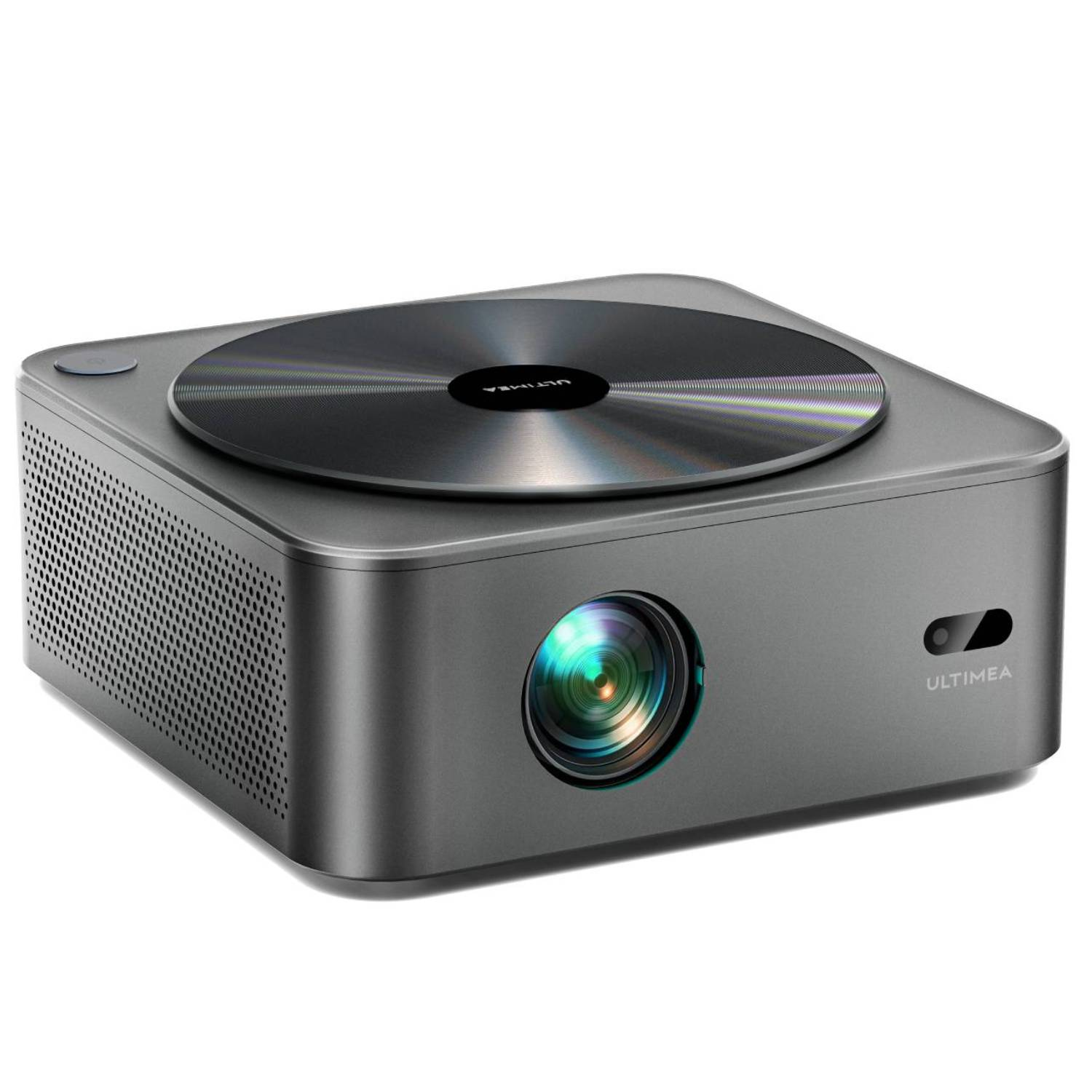 Szary projektor z obiektywem z przodu i okrągłym kółkiem ostrości na górze.