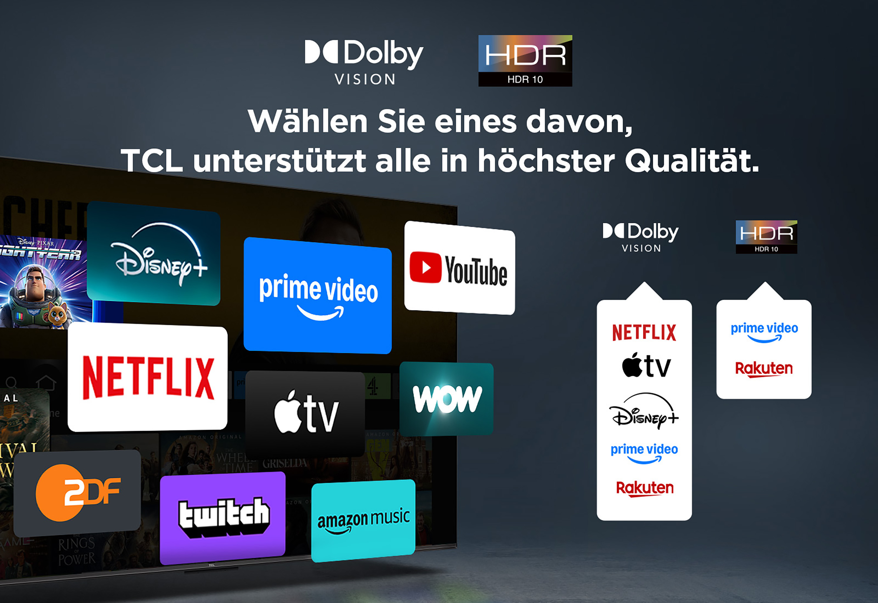 Interfejs telewizora TCL z logo aplikacji: Netflix, Disney+, Prime Video, YouTube, Apple TV, WOW, 2DF, Twitch, Amazon Music.