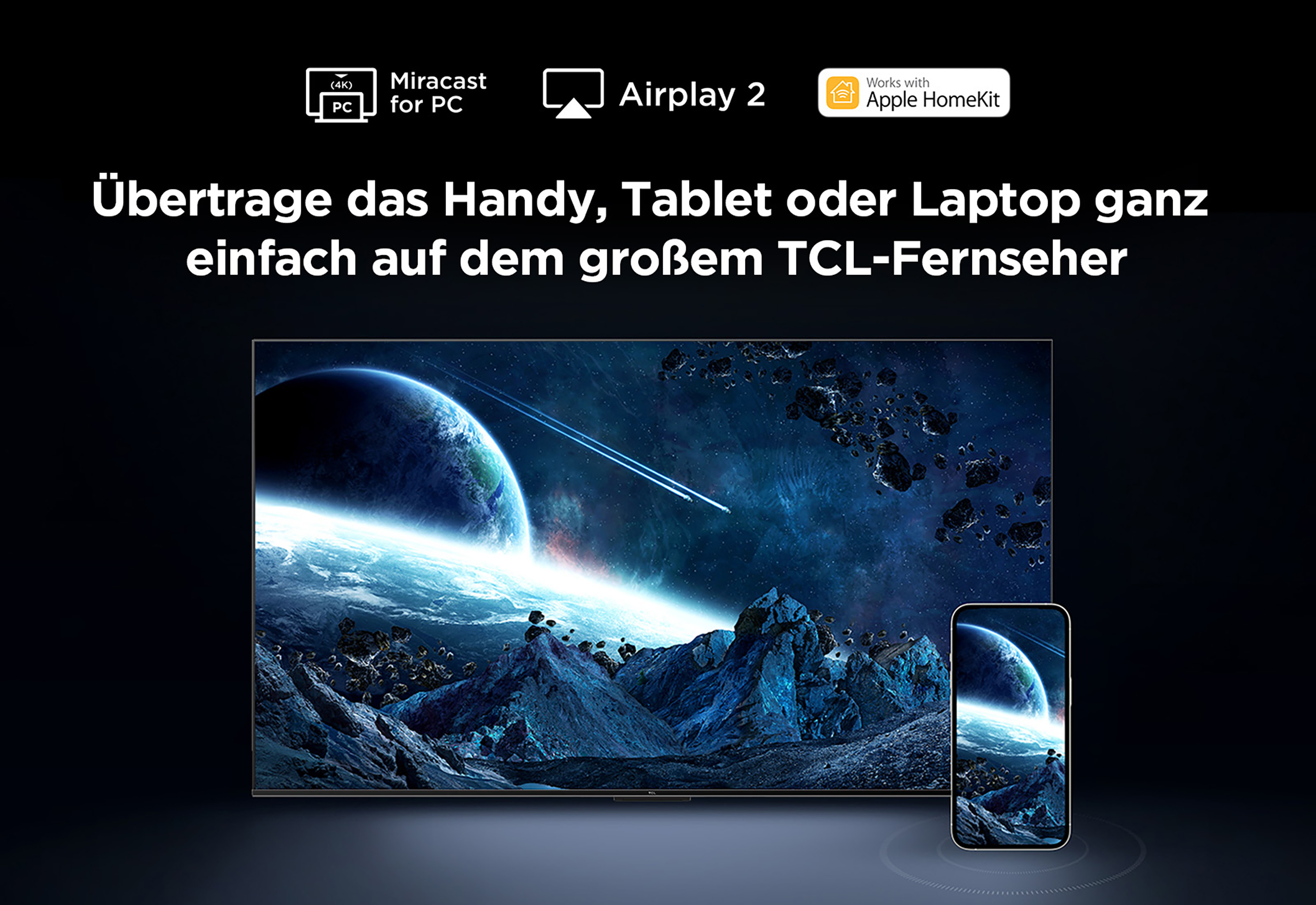 Duży telewizor TCL i smartfon wyświetlają scenę kosmiczną z planetami i asteroidami.