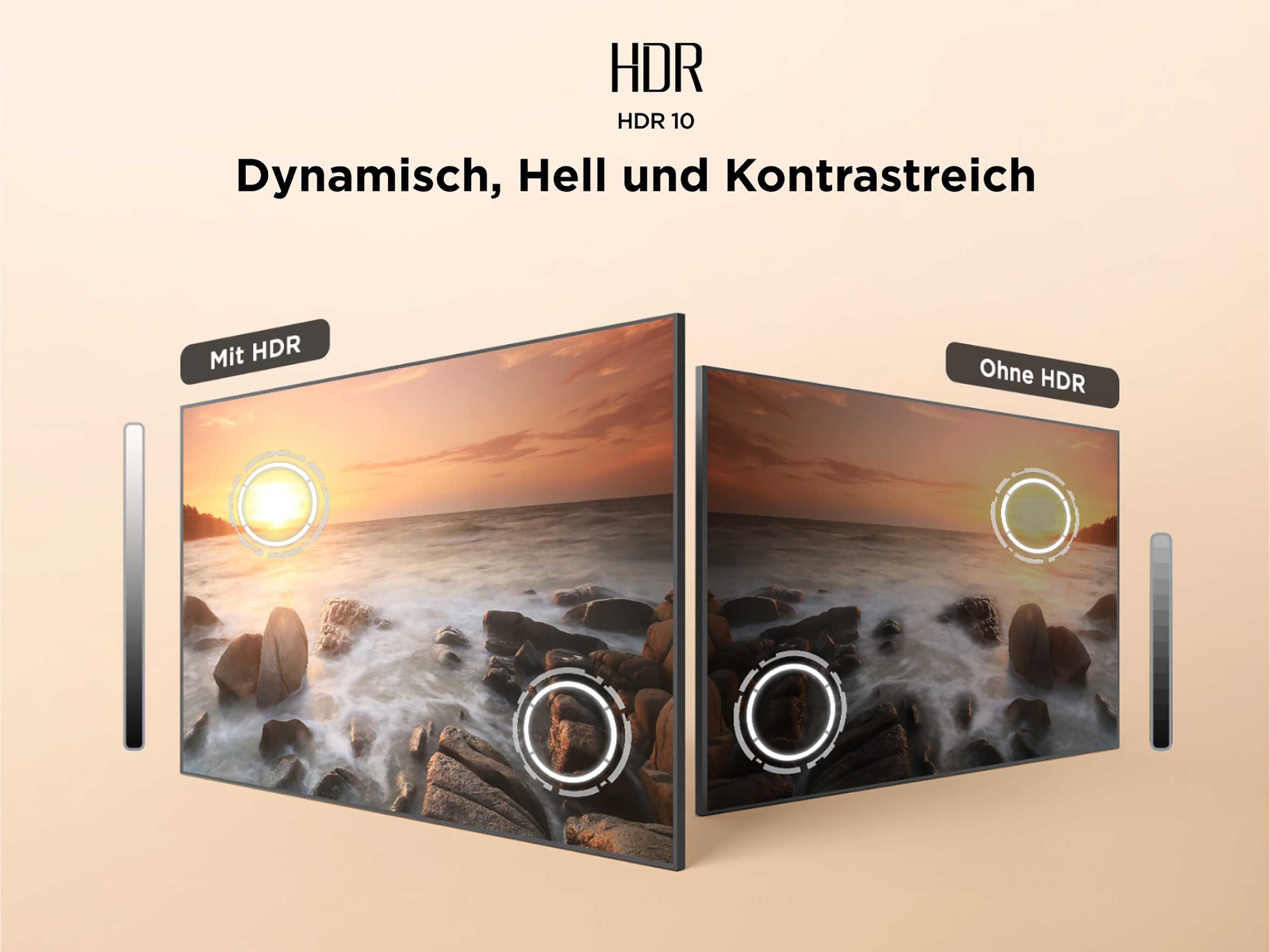 Dwa ekrany telewizora pokazują zachód słońca nad morzem ze skałami. Jeden z napisem HDR, drugi bez.