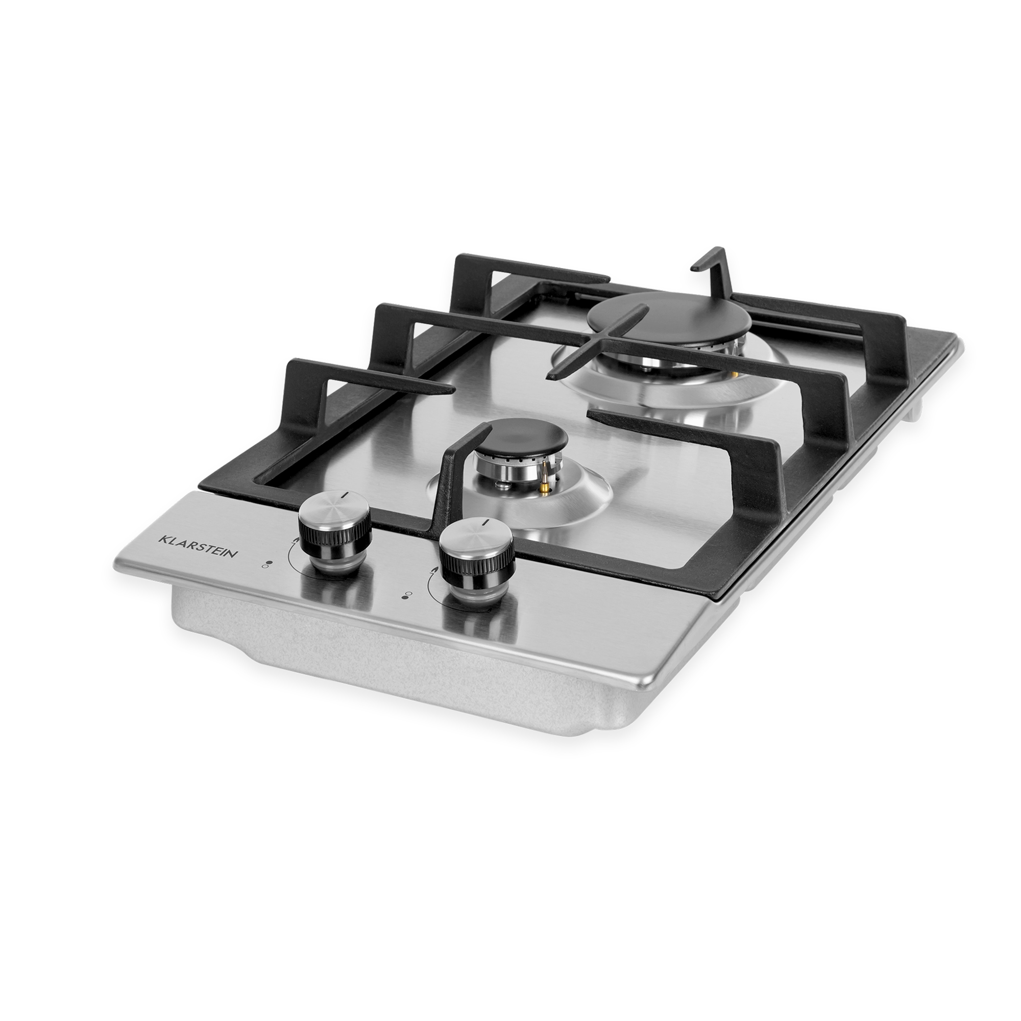 Placa de gas de acero inoxidable con dos quemadores y soportes negros.
