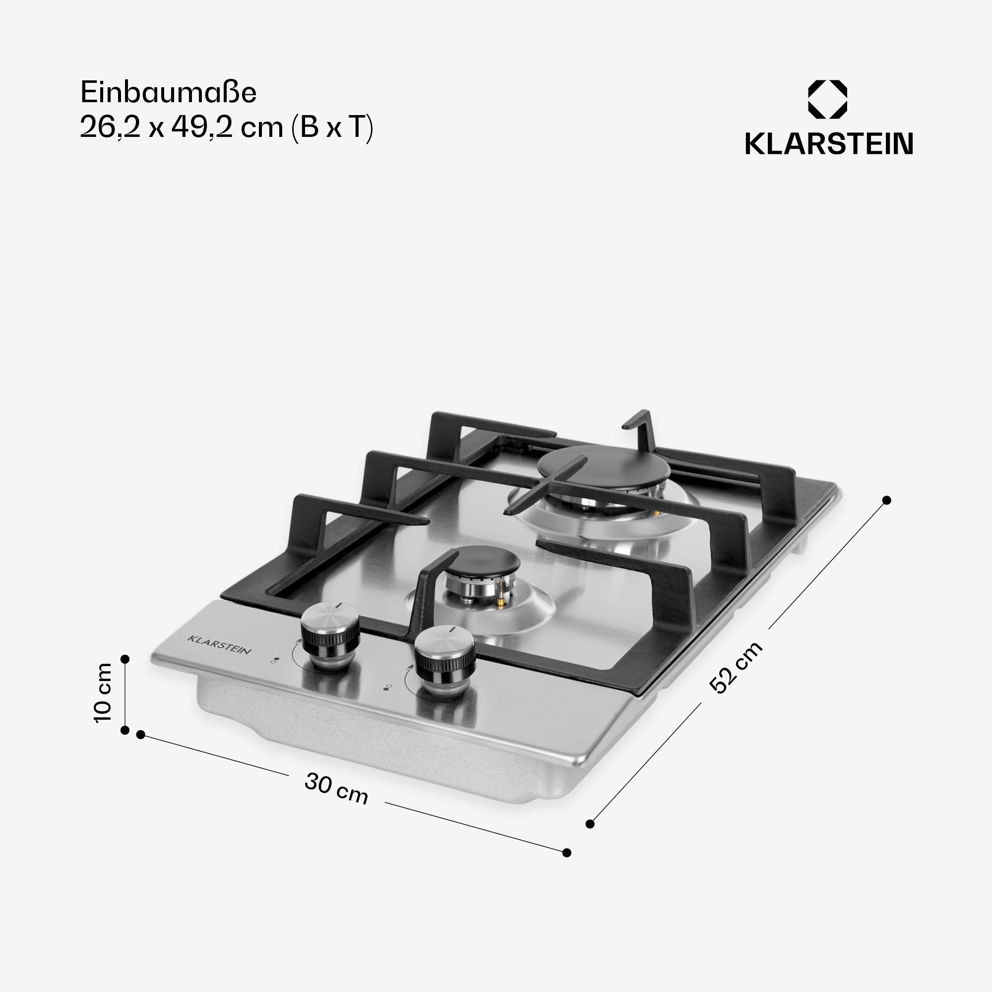 Placa de gas empotrable con dos quemadores, acero inoxidable. Dimensiones: 26,2x49,2x30x52cm.