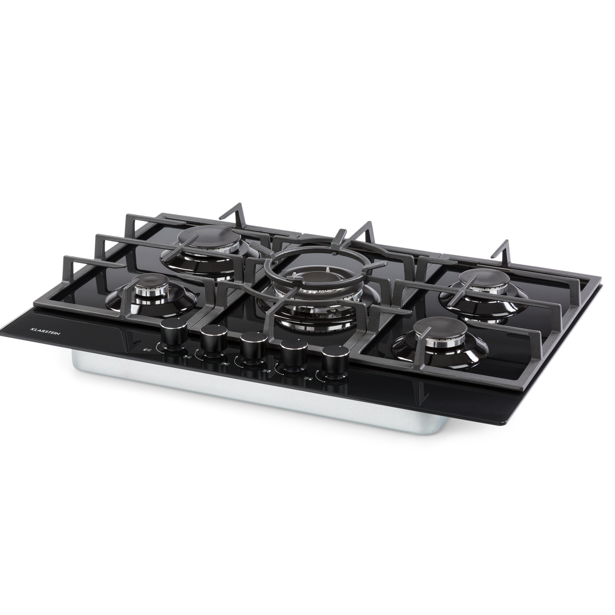 Un piano cottura a gas nero con cinque bruciatori e griglie metalliche.