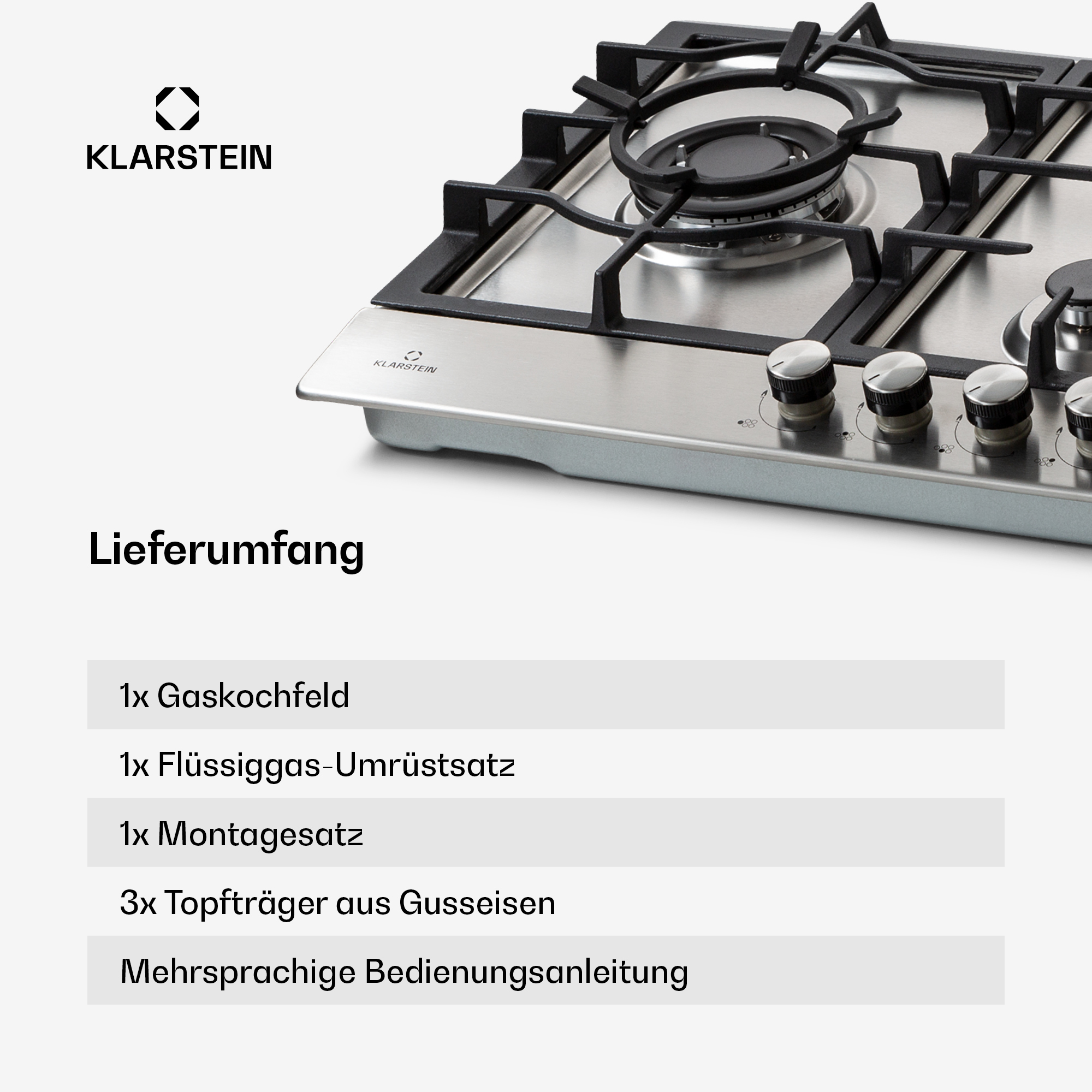 Klarstein Gaskochfeld mit vier Brennern und schwarzer Topfträger.