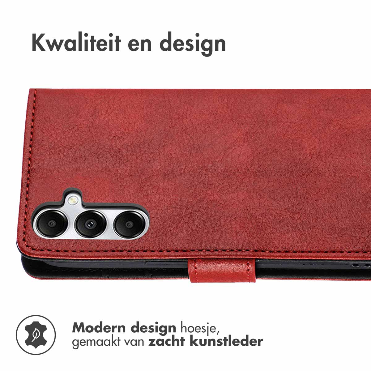 Rode kunstleren telefoonhoes met cameragat en sluiting.