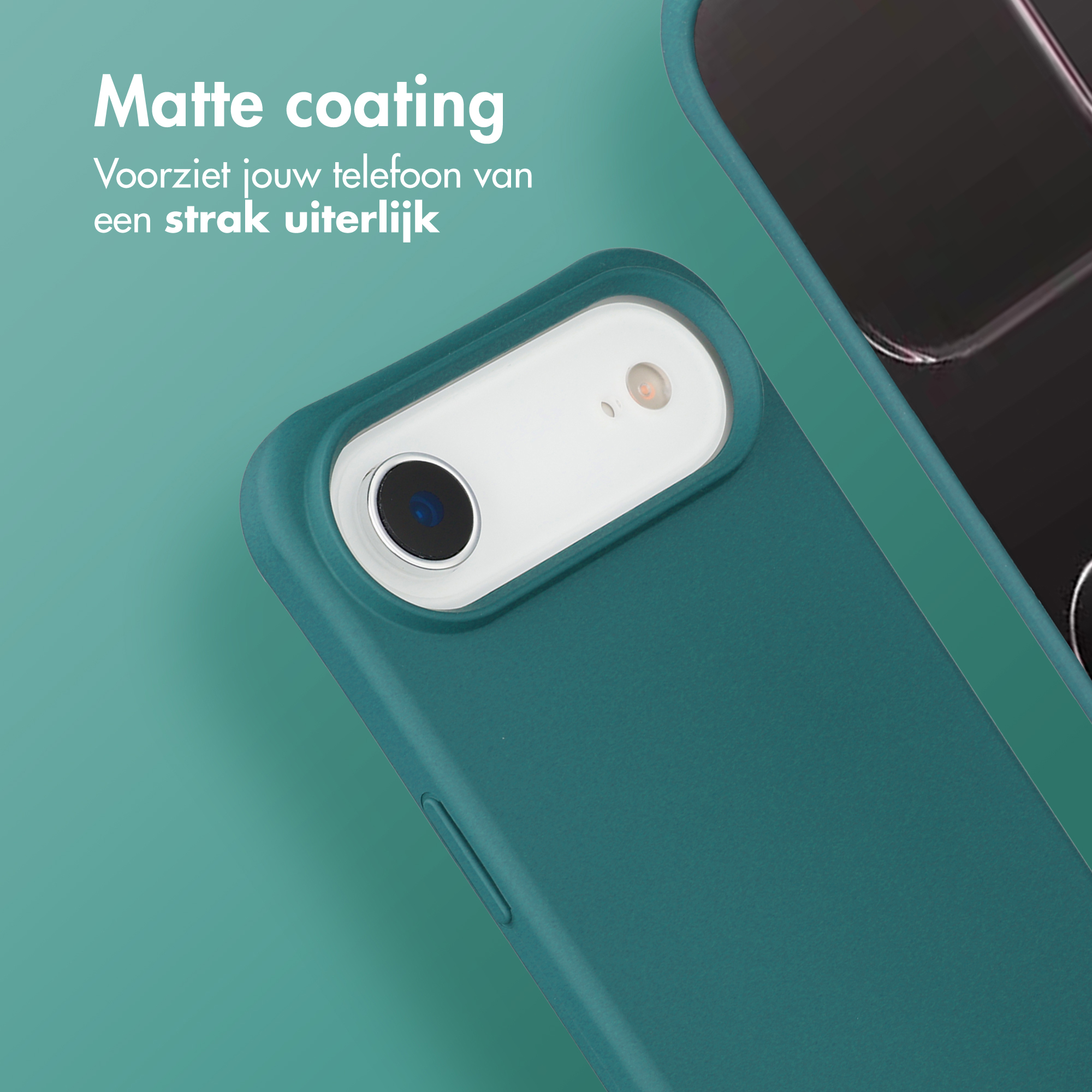 Een teal telefoonhoesje met matte afwerking en camera-uitsparing.