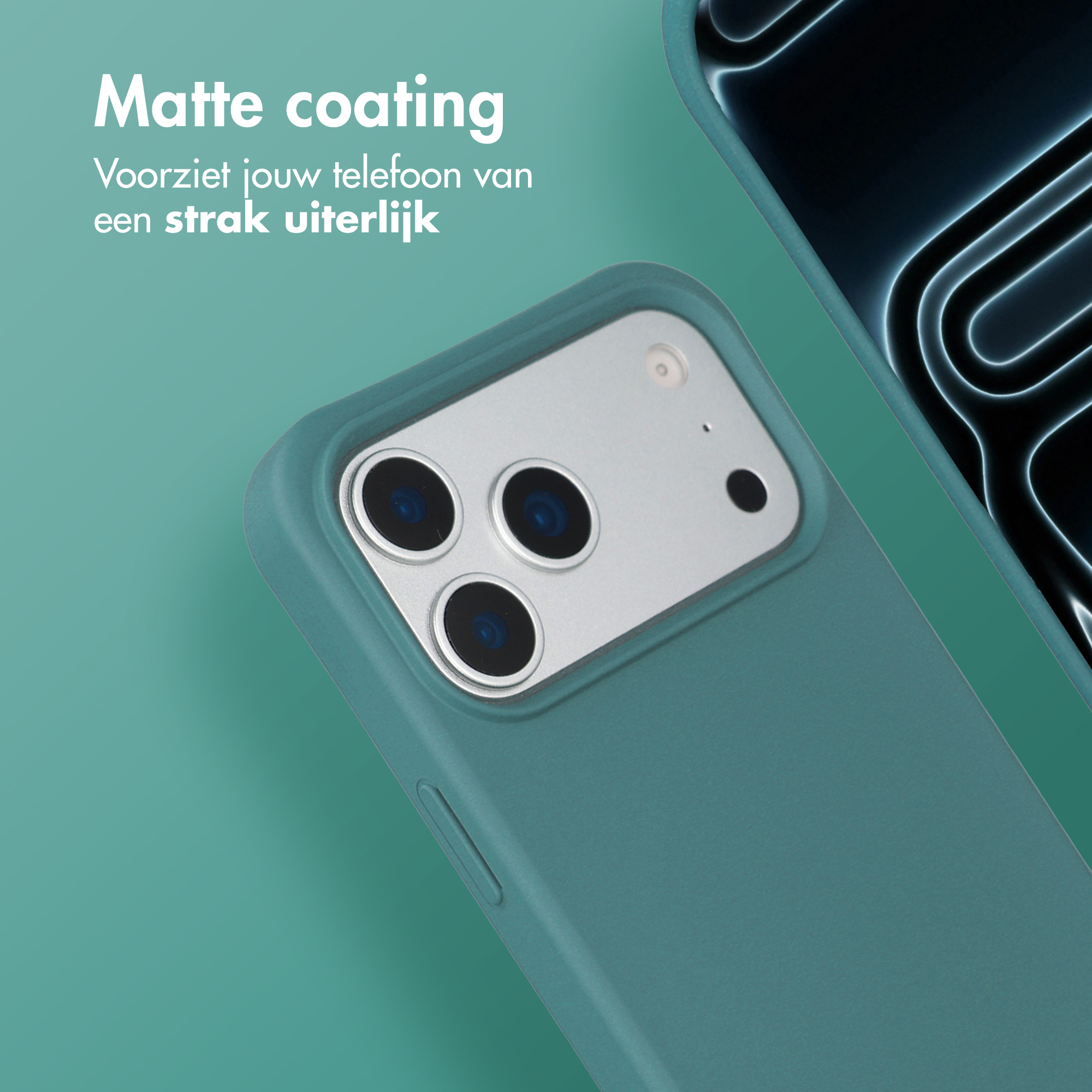 Une coque de téléphone bleu sarcelle avec module caméra sur fond bleu sarcelle.