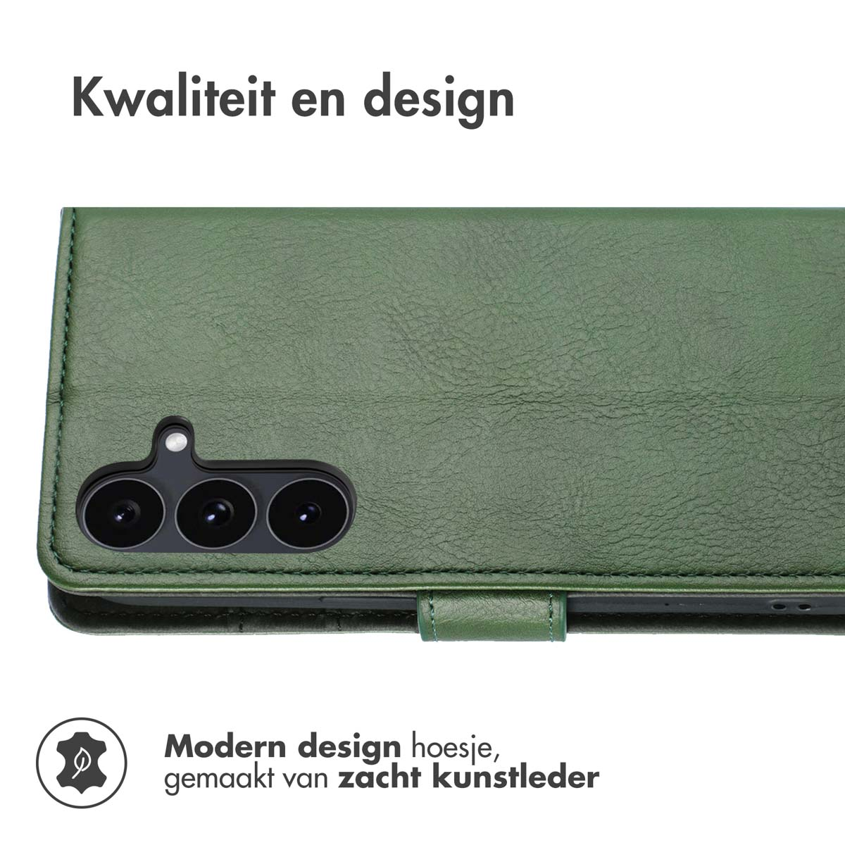 Étui de téléphone vert en similicuir avec découpe caméra et logo.