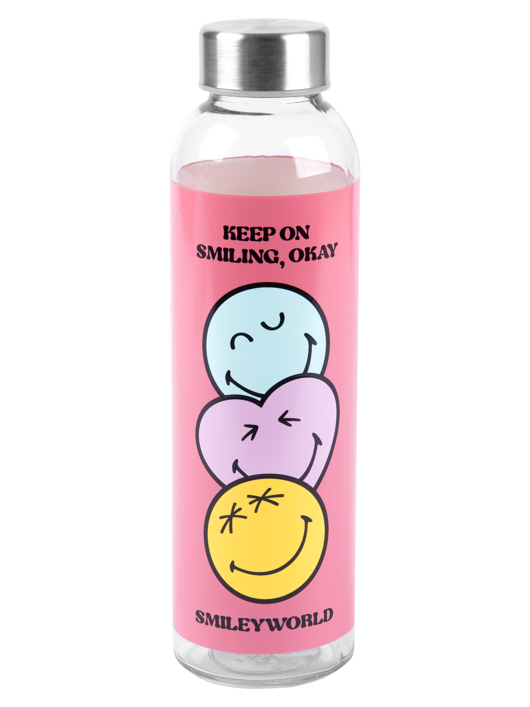 Eine Glasflasche mit silbernem Deckel auf rosa Hintergrund mit lachenden Gesichtern.