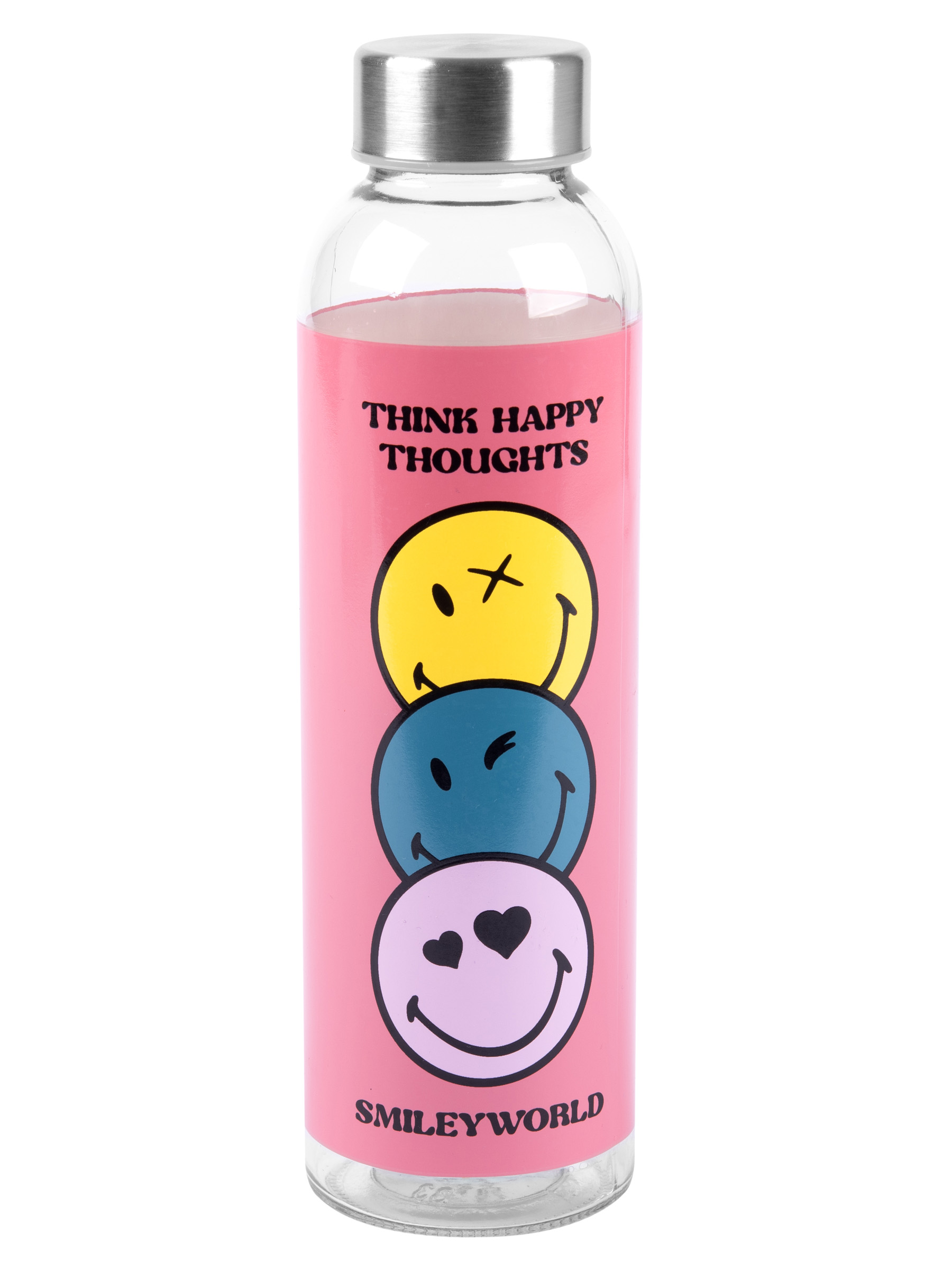 Glasflasche mit rosa Etikett und drei Smiley-Gesichtern übereinander.
