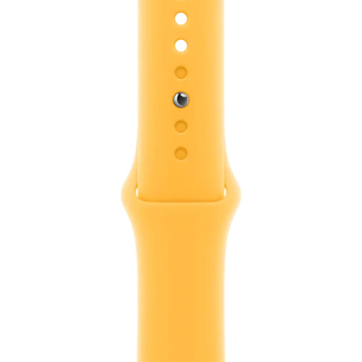 Zółta opaska zegarka z dziurkami i srebrnym zapięciem.