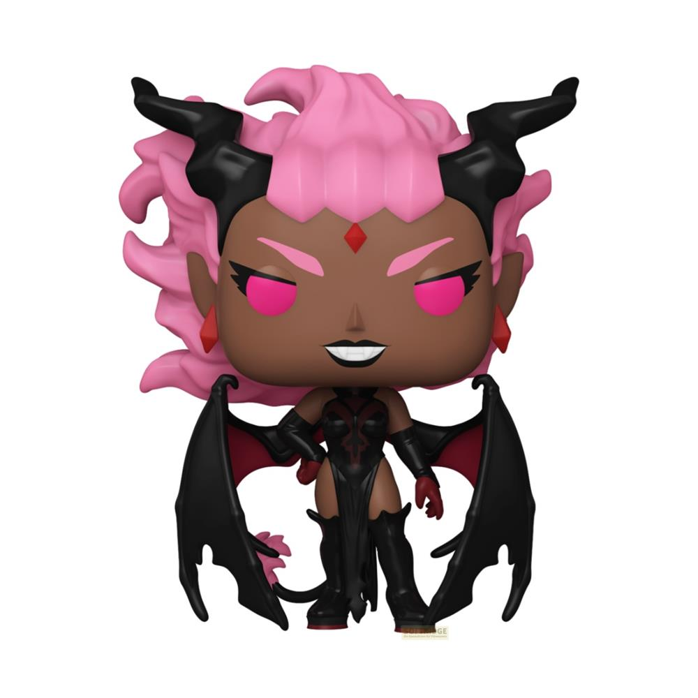 Una figura con pelo rosa, cuernos negros, alas y joya roja en la frente.
