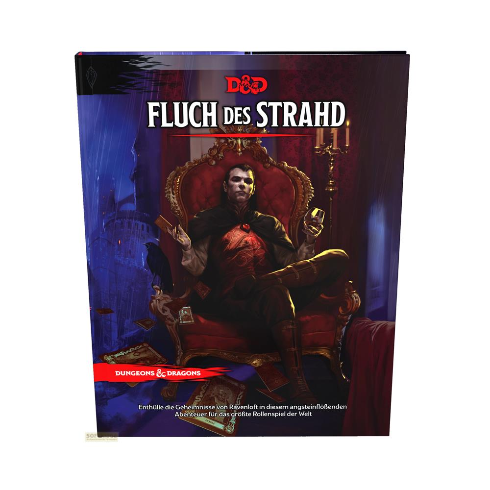 Graf Dracula sitzt in einem roten Sessel, hält ein Glas und ein Buch. "Fluch des Strahd" steht oben.