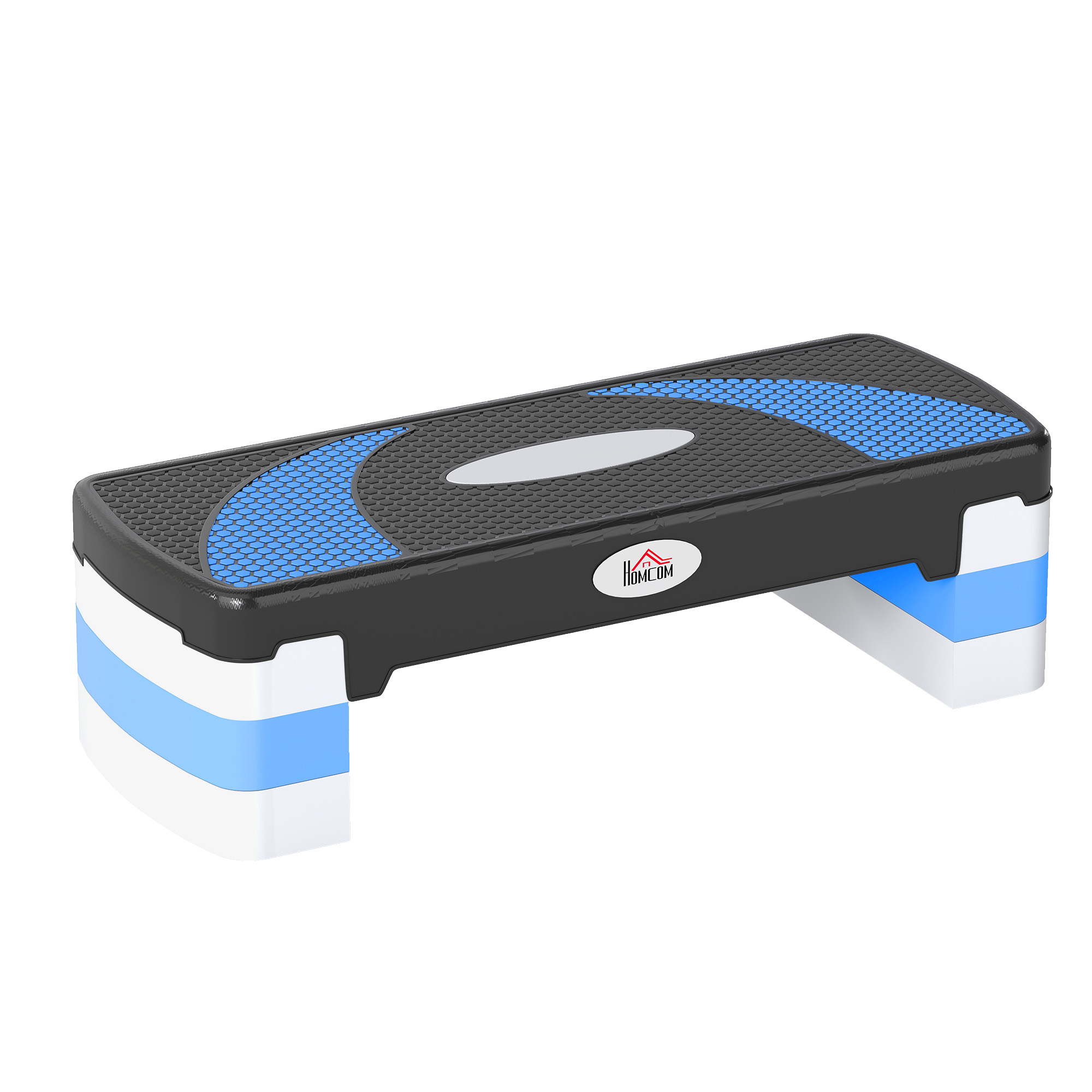 Stepper aerobico nero con accenti blu e bianchi e superficie antiscivolo.