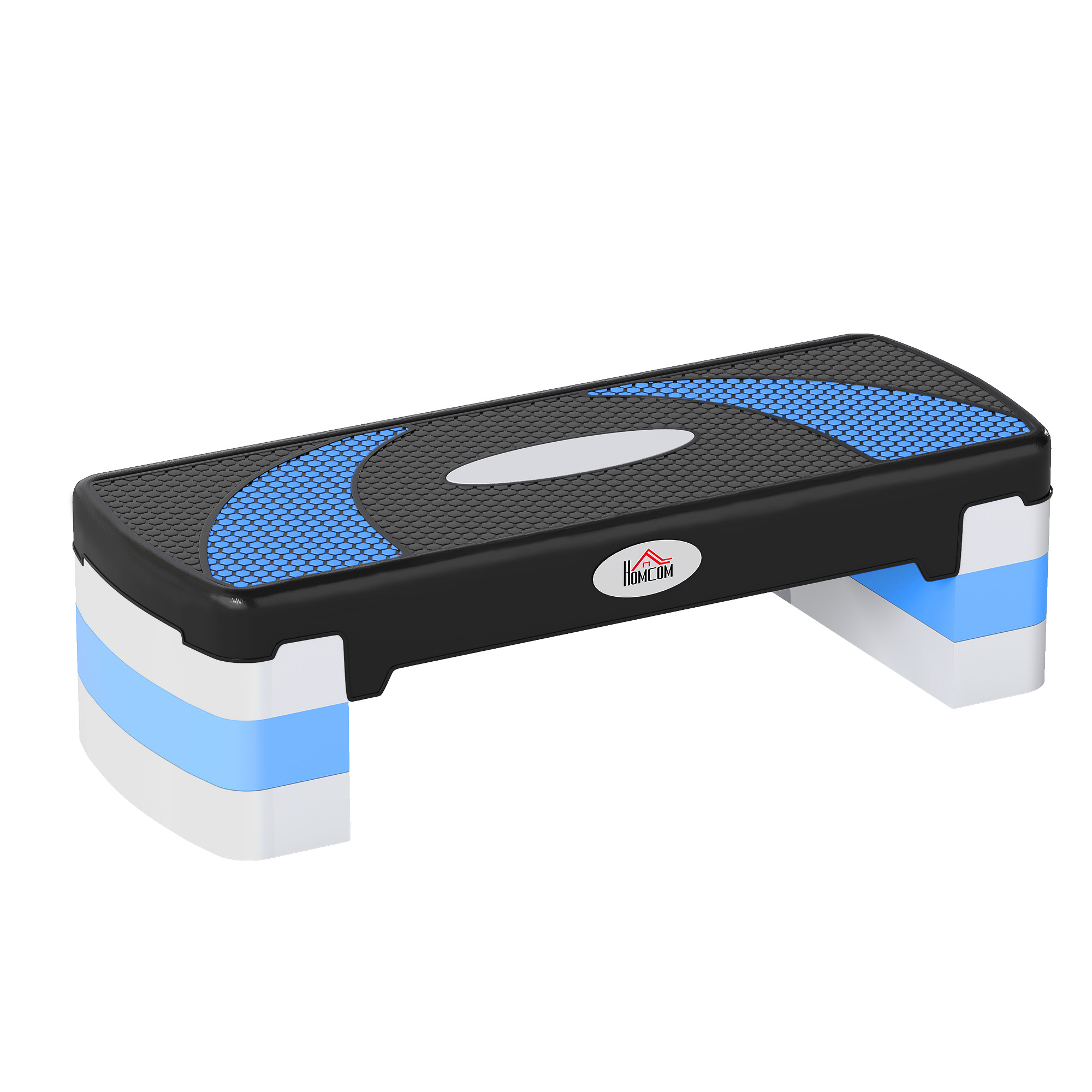 Uno stepper aerobico nero con accenti blu e bianchi è mostrato su sfondo bianco.