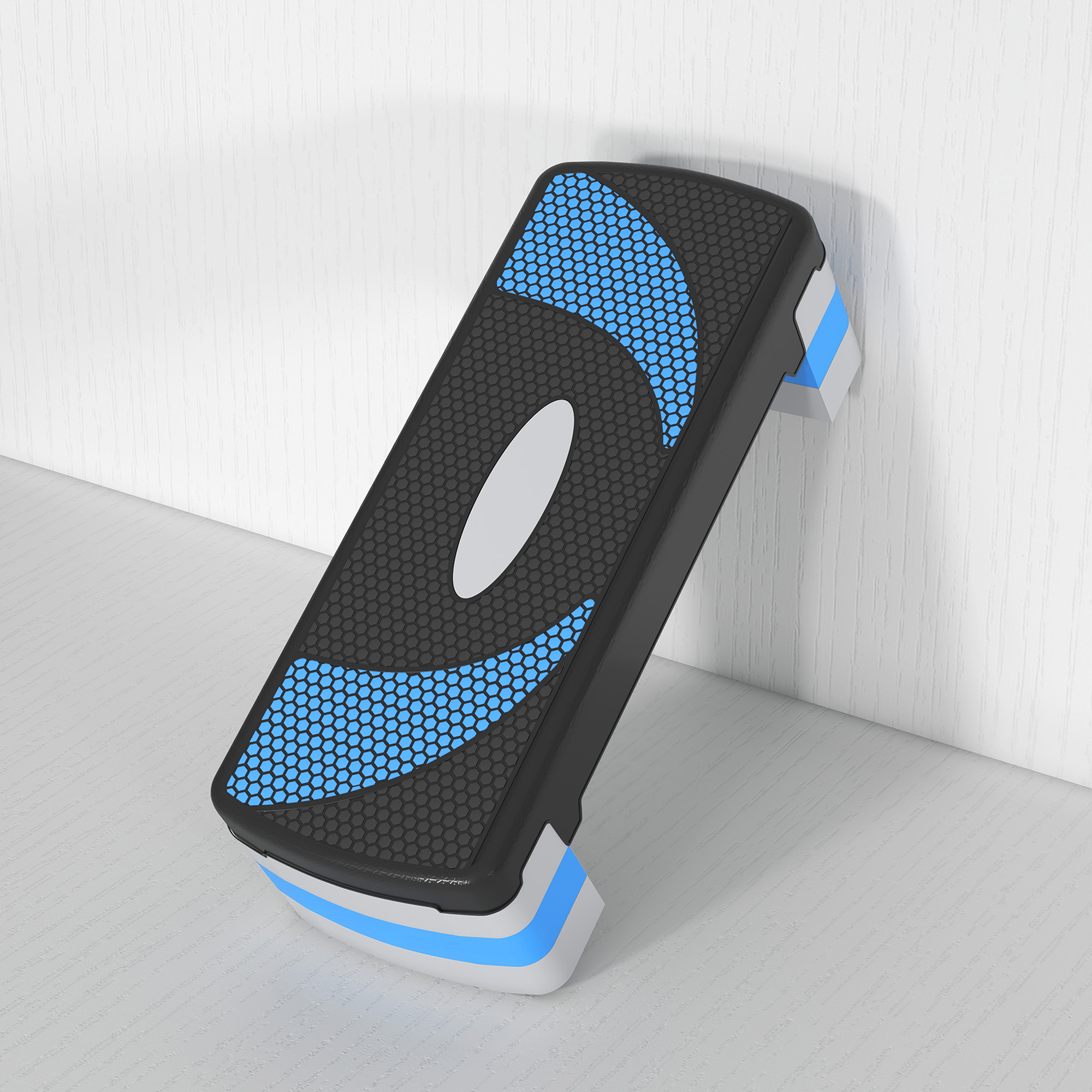 Stepper aerobico nero con accenti blu e bianchi su pavimento in legno.
