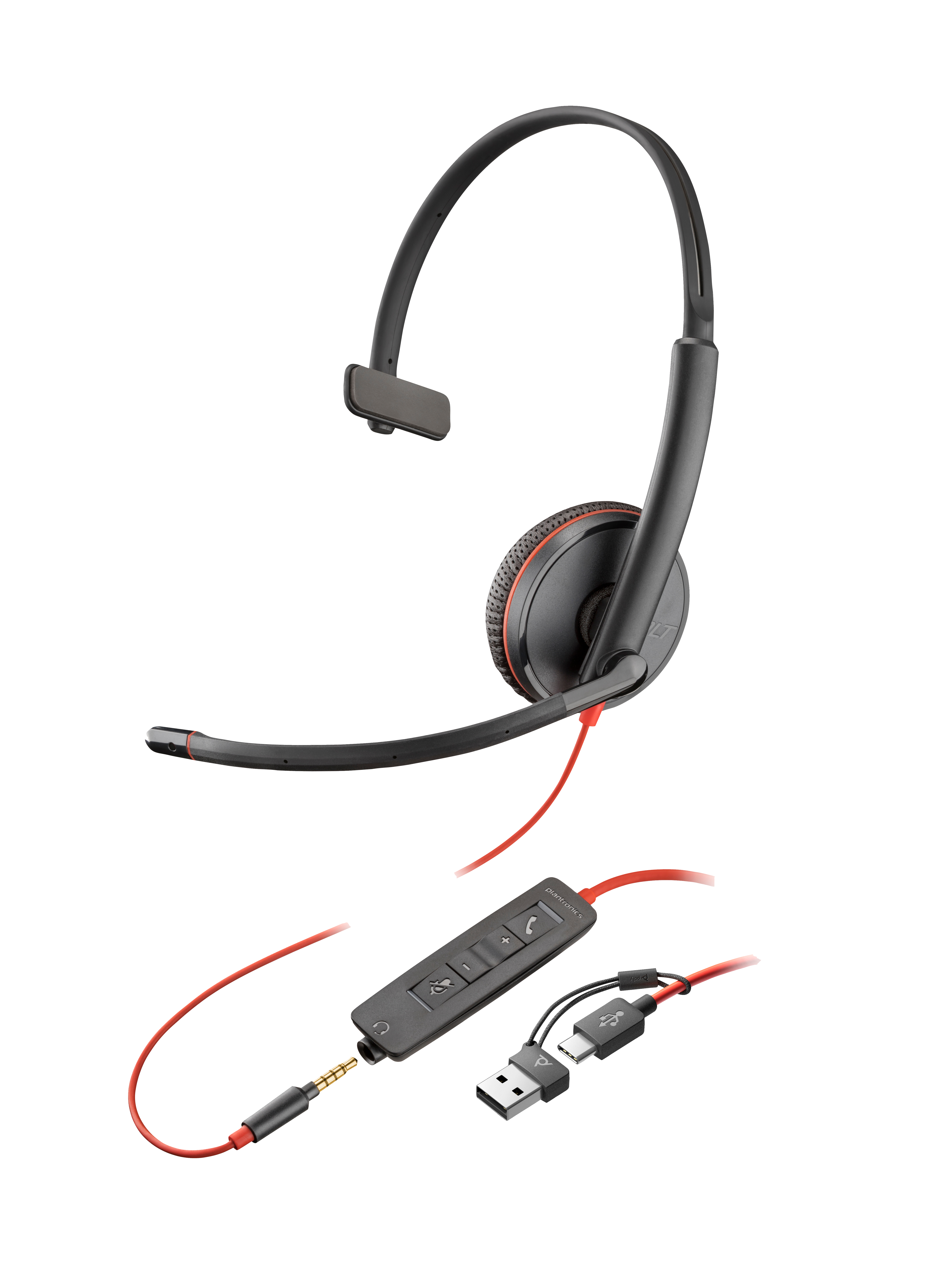 Un auricular negro con cable rojo, control en línea y adaptador USB-C.