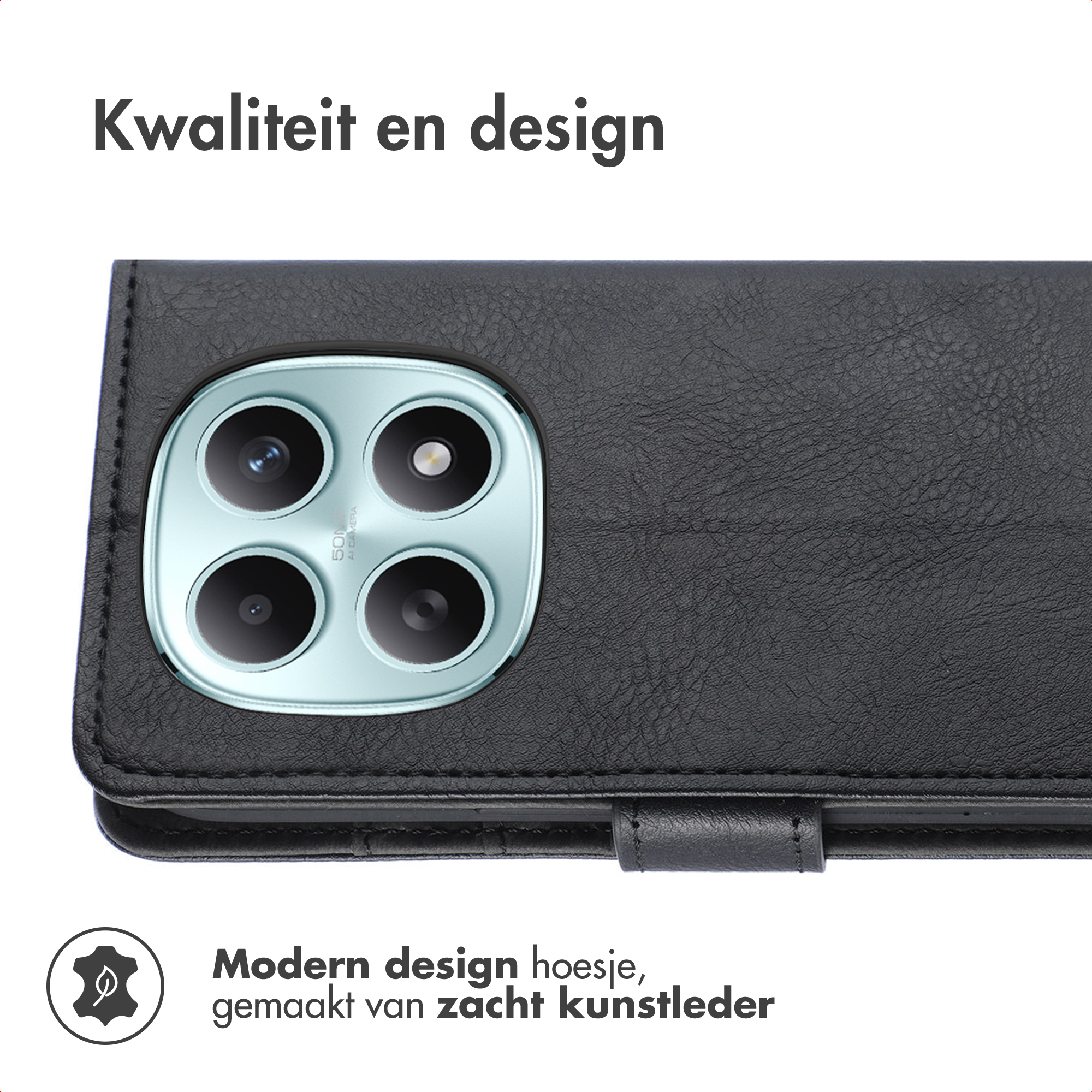 Zwarte telefoonhoes met vier cameralenzen en tekst.