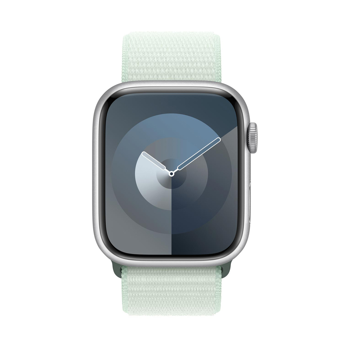 Une montre connectée argentée avec bracelet clair et cadran gris.