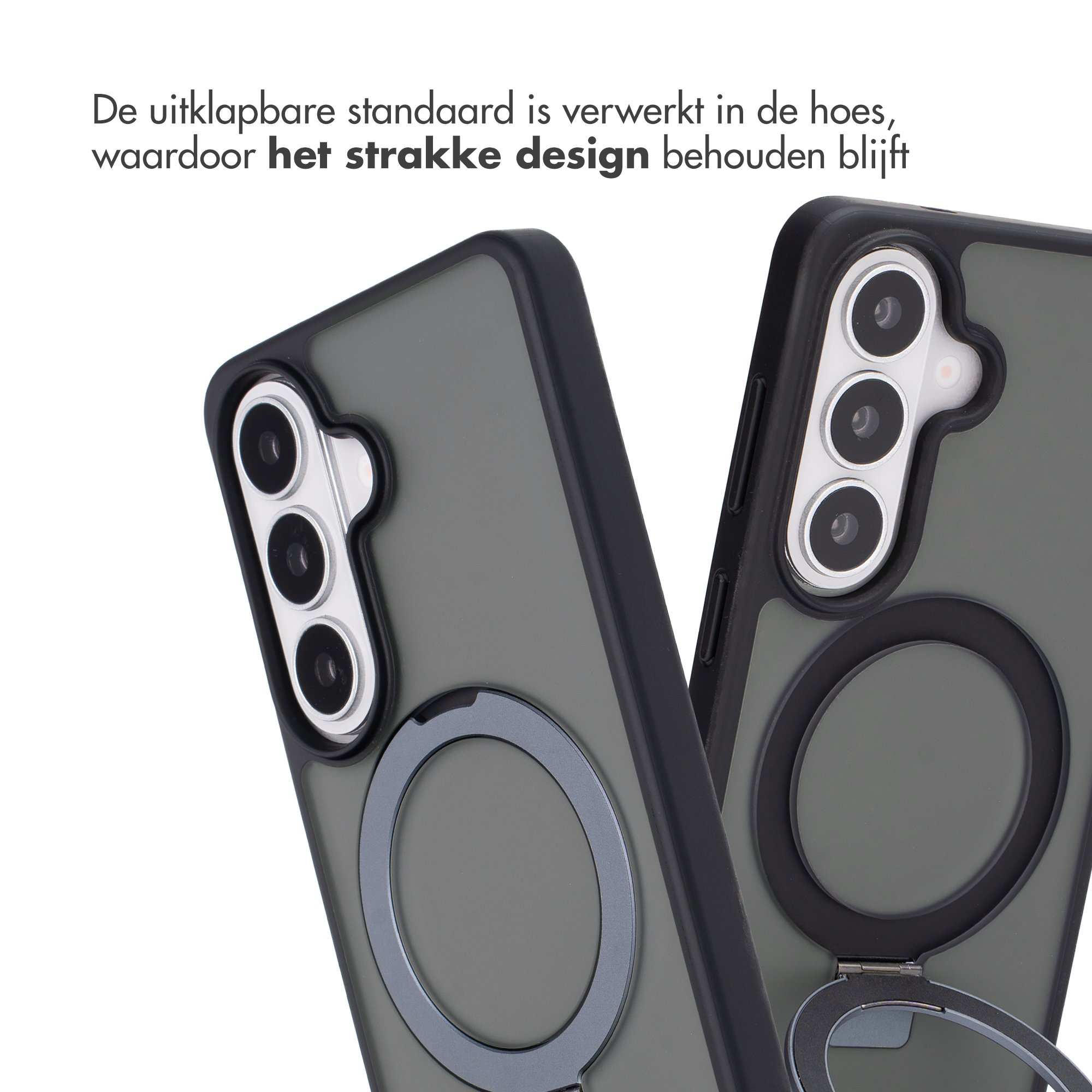 Deux coques de téléphone grises avec caméras et supports anneau, fond blanc.