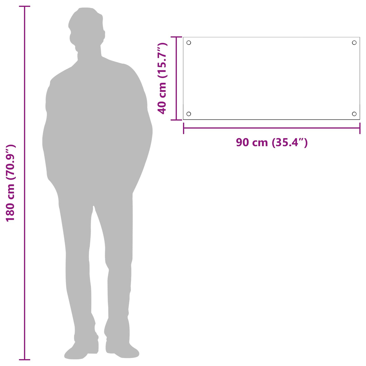 Comparación de tamaño: persona de 180 cm junto a un rectángulo de 90x40 cm.