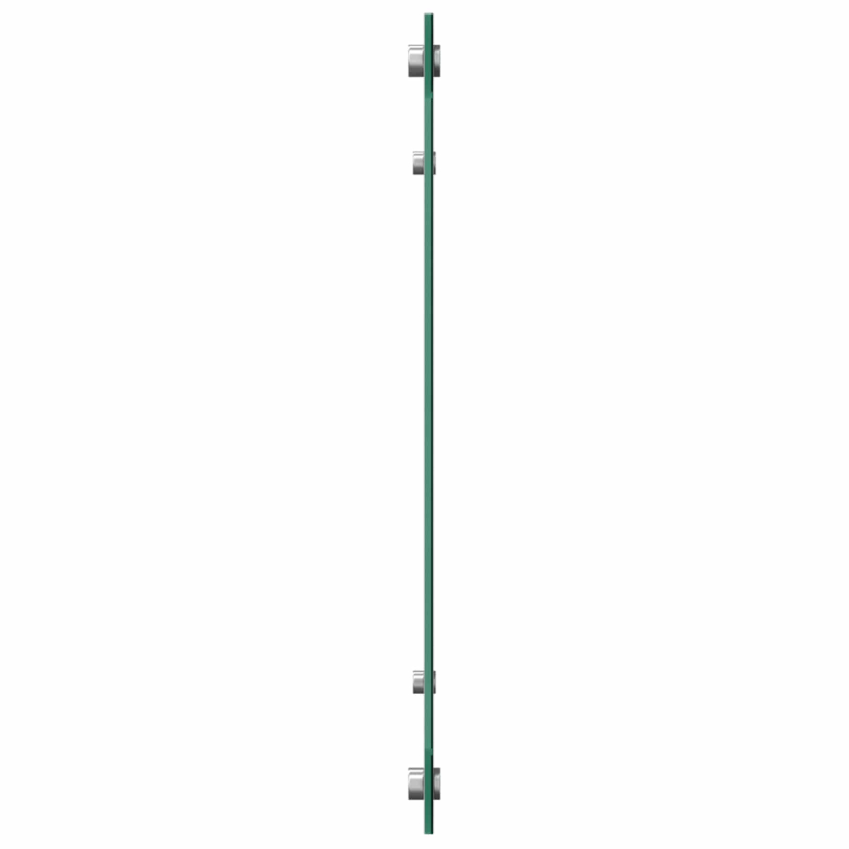Una tabla de vidrio verde con cuatro separadores plateados, vista de lado.