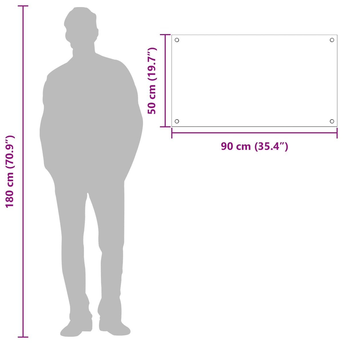 Un hombre de 180 cm de alto junto a un rectángulo de 90x50 cm.