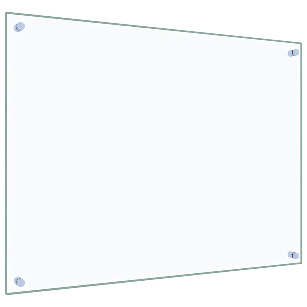 Eine transparente Glasplatte mit vier silbernen Befestigungen in den Ecken.