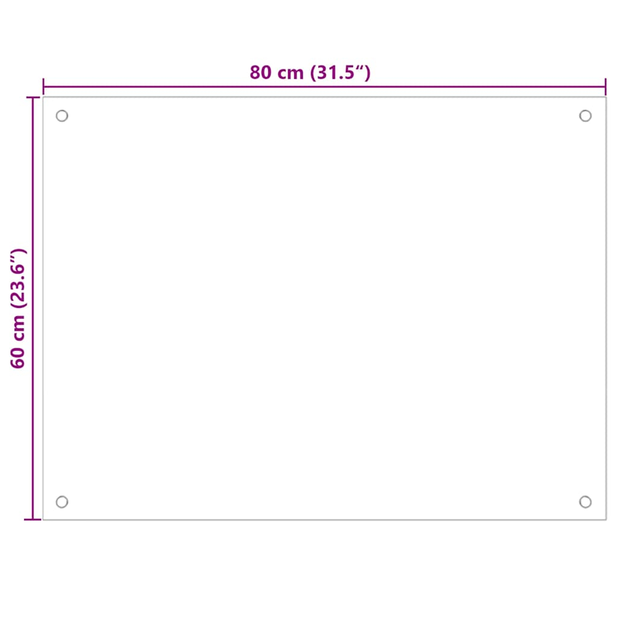 Rechteck 80x60 cm mit vier Befestigungslöchern an den Ecken.