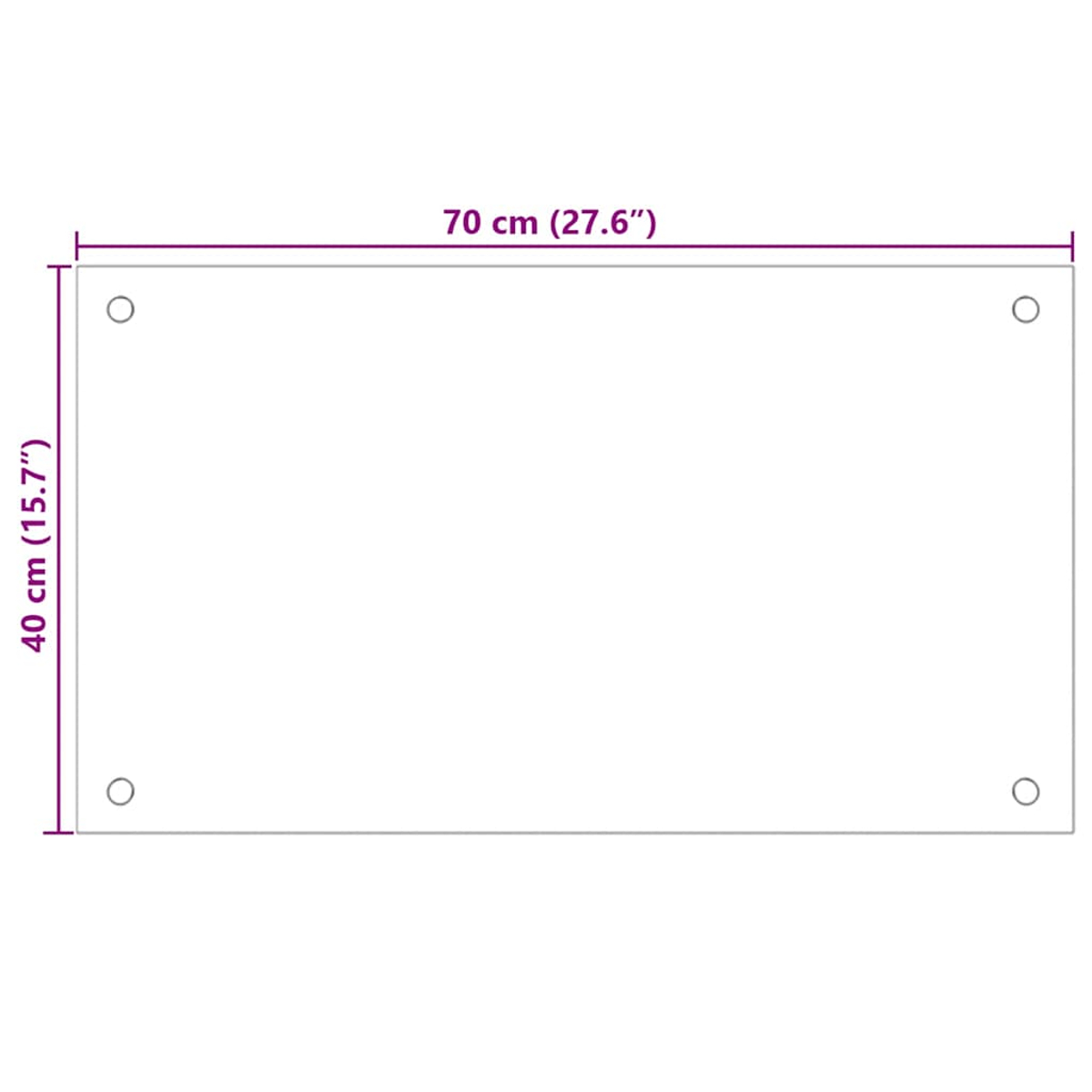 Un panel rectangular blanco de 70 cm x 40 cm con cuatro agujeros de montaje.