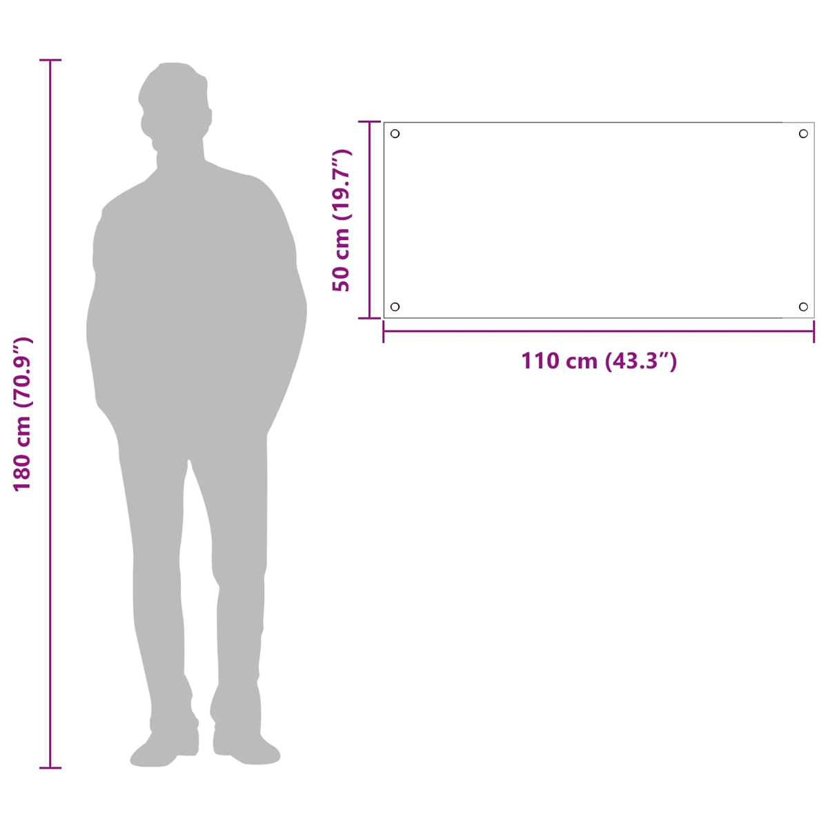 Größenvergleich: 180 cm große Silhouette neben 110x50 cm Rechteck.
