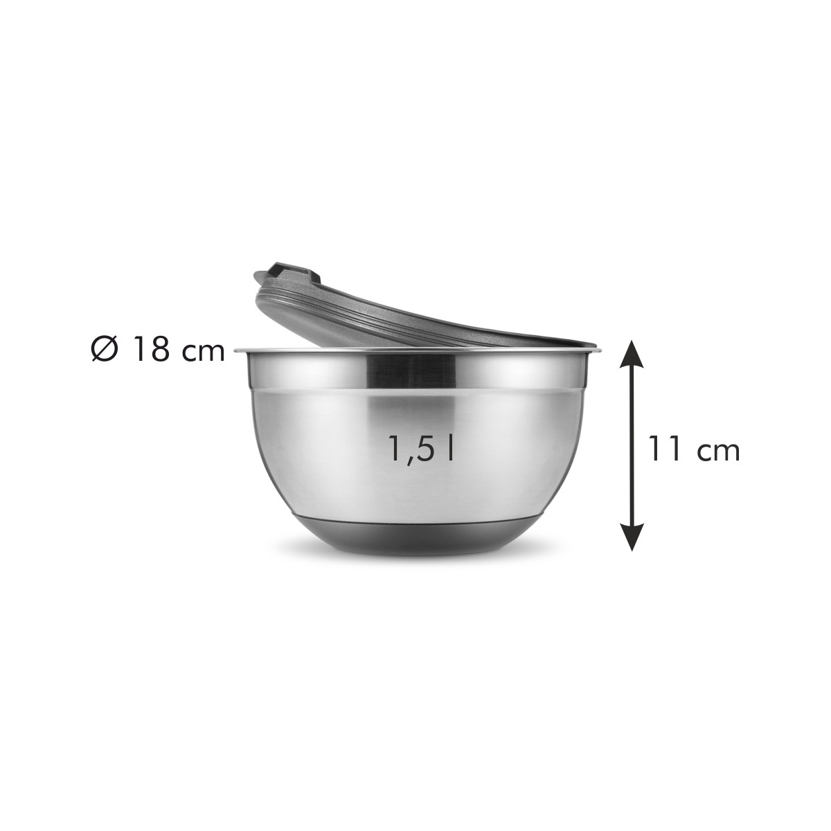Edelstahlschüssel mit Deckel, 18cm Durchmesser, 11cm Höhe, 1,5l Fassungsvermögen.