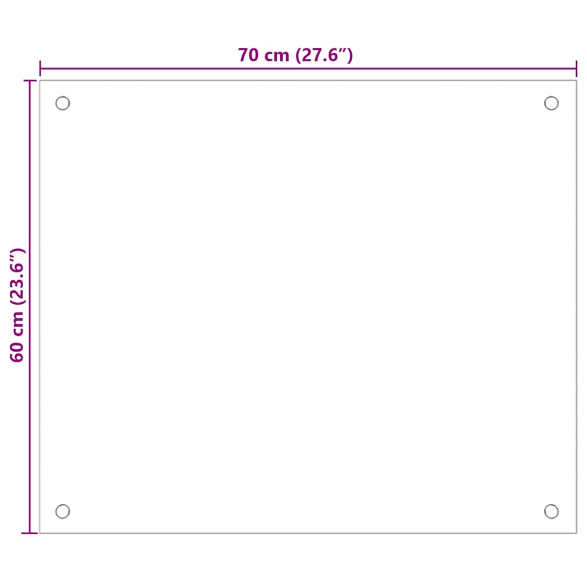 Eine weiße Platte mit Maßangaben 70 cm und 60 cm, vier Ecklöchern.